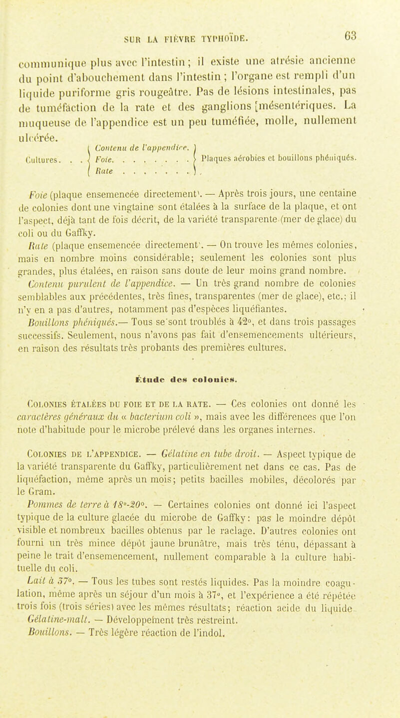 communique plus avec l'intestin ; il existe une afrésie ancienne du point d'abouchement dans l'intestin; l'organe est rempli d'un liquide puriforme gris rougetUre. Pas de lésions intestinales, pas de tunuMaction de la rate et des ganglions [mésentériques. La muqueuse de l'appendice est un peu tuméfiée, molle, nullement ulcérée. !Contenu de l'appenilire. 1 /.'o/e > Plaques aérobies et bouillons phéiiiqués. Riite . . . . . . . ) , Foie (plaque ensemencée directement^ — Après trois jours, une centaine de colonies dont une vingtaine sont étalées à la surface de la plaque, et ont l'aspect, déjà tant de fois décrit, de la variété transparente (mer déglace) du coli ou du Gaffky. Raie (plaque ensemencée directement. — On trouve les mêmes colonies, mais en nombre moins considérable; seulement les colonies sont plus grandes, plus étalées, en raison sans doute de leur moins grand nombre. Contenu purulent de l'appendice. — Un très grand nombre de colonies semblables aux précédentes, très fines, transparentes (mer de glace), etc.; il n'y en a pas d'autres, notamment pas d'espèces liquéfiantes. Bouillons phéniqués.— Tous se'sont troublés à 42°, et dans trois passages successifs. Seulement, nous n'avons pas fait d'ensemencements ultérieurs, en raison des résultats très probants des premières cultures. Étude des colonies. Colonies étalées du foie et de la rate. — Ces colonies ont donné les caractères générattx du « bacterium coli », mais avec les diiférences que l'on note d'habitude pour le microbe prélevé dans les organes internes. Colonies de l'appendice. — Gélatine en tube droit. — Aspect typique de la variété transparente du Gaffky, particulièrement net dans ce cas. Pas de liquéfaction, même après un mois; petits bacilles mobiles, décolorés par le Grani. Pommes de terre à 18''-W°. — Certaines colonies ont donné ici l'aspect typique de la culture glacée du microbe de Gaffky : pas le moindre dépôt visible et nombreux bacilles obtenus par le raclage. D'autres colonies ont fourni un très mince dépôt jaune brunâtre, mais très ténu, dépassant à peine le trait d'ensemencement, nullement comparable à la culture habi- tuelle du coli. Lait à 37°. — Tous les tubes sont restés liquides. Pas la moindre coagu- lation, môme après un séjour d'un mois à 37, et l'expérience a été répétée trois fois (trois séries) avec les mêmes résultats; réaction acide du liquide Gélatine-malt. — DéveloppeiTicnt très restreint. Bouillons. — Très légère réaction de l'indol.