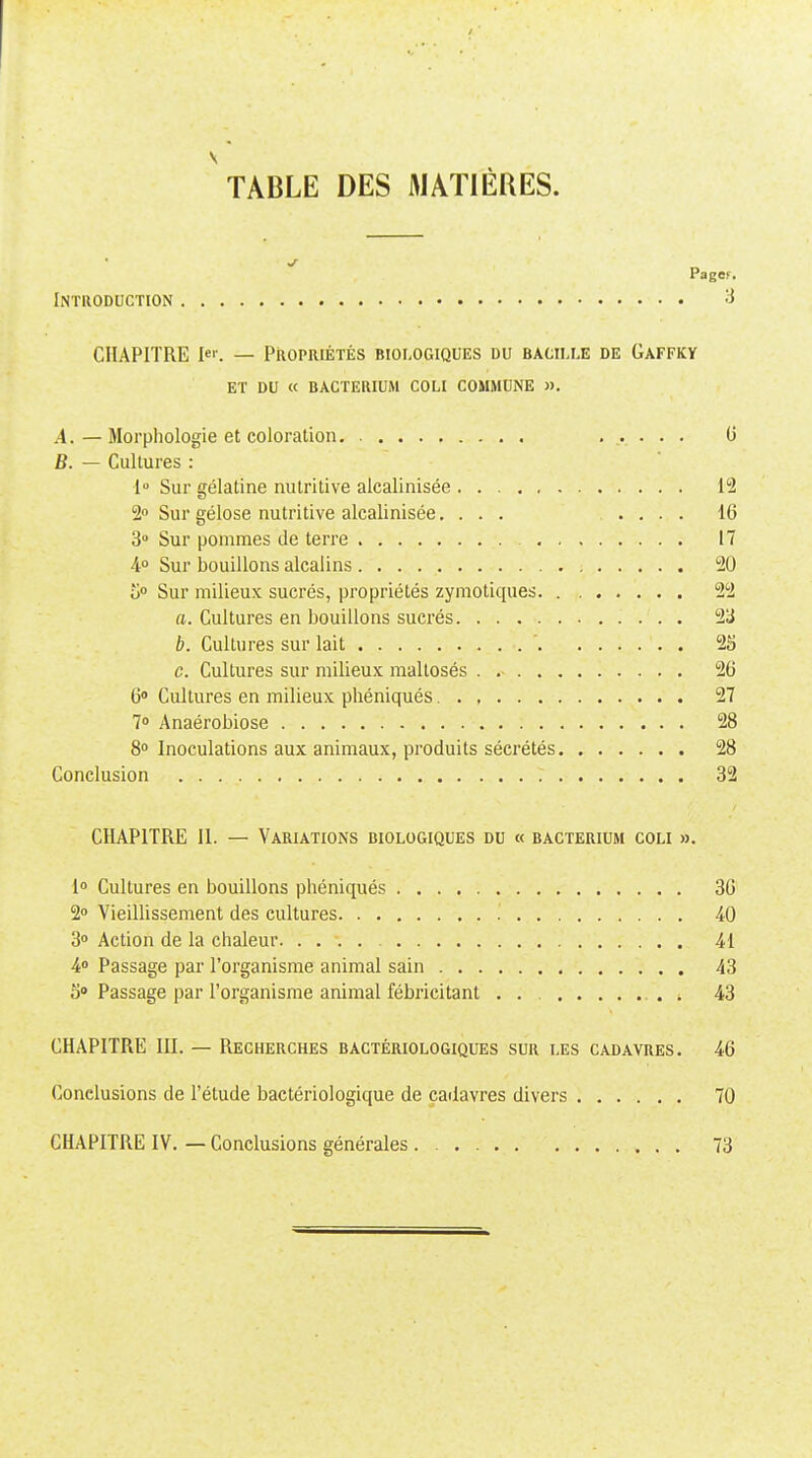 TABLE DES MATIÈRES. PagCF. Introduction CHAPITRE le''. — Propriétés biologiques du bacille de Gaffky ET DU « BACTERIUM COLI COMMUNE ». A. — Morphologie et coloration. ..... G B. — Cultures : 1 Sur gélatine nutritive alcalinisée 12 2 Sur gélose nutritive alcalinisée. ... .... 16 3» Sur pommes de terre 17 4° Sur bouillons alcalins 20 0° Sur milieux sucrés, propriétés zymotiques 22 a. Cultures en bouillons sucrés 23 b. Cultures sur lait  2S c. Cultures sur milieux mallosés . 26 6» Cultures en milieux phéniqués 27 7» Anaérobiose 28 8° Inoculations aux animaux, produits sécrétés 28 Conclusion 32 CHAPITRE II. — Variations biologiques du « bacterium coli ». lo Cultures en bouillons phéniqués 36 2» Vieillissement des cultures '. 40 3 Action de la chaleur. 41 4» Passage par l'organisme animal sain 43 S» Passage par l'organisme animal fébricitant 43 CHAPITRE III. — Recherches bactériologiques sur les cadavres. 46 Conclusions de l'étude bactériologique de cadavres divers 70 CHAPITRE IV. — Conclusions générales . 73