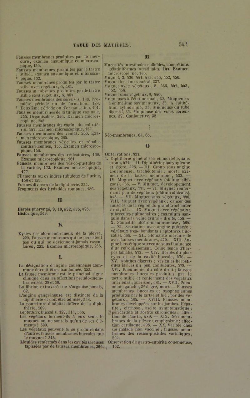 Fausses niPitibrancs produites par le mor- cure, l'xaiiiuii anatunii(|Uu et niicrosco- plqiii.', 130. Faussi s meinl)rancs produites par le tartre . stiliii', 1 xami'ii aïKitoiiiiquc et luiciosco- ' pique. 132. Fausses niemliraiies produ tcs par le taitre slii)ii'avec vi^gétaux, (i, U&l. Fausses mi-iiibrancs pioiluiles parlctartre slibiO so'ts végétiux, 0, U8'-x. Fausses membranes (les séi ruses, 188. Trc- niièrc période nu de formation, I8S. ' Deuxième l éi iode ou dorsaiiisalioii, 191. Faus es uienihriiiies de iatuiiii|ue vai;itiale, UUô. Oi Kanisables, 2U6. Examen uiicros- copi'.ue, 2!iS. Fausses menibianes «lu vagin, du col utii- riii, lui. Examen microscopique, 15!i. Fausses membranes des veines, 263. ^xa- ' men microscopique, 205. Fausses membranes v<isicales et rénales cantliarid:cnnes, 155. Examcu microsco- pique, 150. Fausses membranes des viVsicatoircs, .100. Examen microscopique, 161. Fausses membr.mes îles vésico-pustules de la variole, 172. Examen uiicroscopi(|uc, 177. Filaments ou cylindres tubuleux de, l'urine, 158 et 159. Foi mes diverses de la dipbtlirrie, Soi. Fragments des hydatides rompues, 180. n Herpès pharyngé, 9,10, ti72, £|76,678. Uistorique, 509. K Kystes psoudo-membraneux de la plbvre, 229. l'aussi'sminiliranesqui ne persistent pas ou qui ne ileviennent jamais vascu- laircs, 231. Examen microscopique, 233. L l,a désignation d'angine couenneusc com- mune devrait être abiindoimée, 35.'5. La fausse membrane est le principal signe clinique dans les affections pseudo-mem- braneuses, 28 et 30. La fibrine cxtravaséc ne s'organise jamais, 02. L'angine gangreneuse est distincte de la dipblliérie et doit être admise, 358. La pourriture d'hôpital diffère de la diph- thérie, 109. Leptothrix buccalis, 127, 314, 5.36. Les végétaux forment-ils à eux seuls le muguet ou ne sont-ils qu'un de ses élé- ments? 309. Les végétaux peuvent-ils se produire dans d'autres fausses membranes buccales que le muguet? 313. Liquides renfermés dans les cavités séreuses upissées par de fausses membranes, 200. m Mucosités intestinales colloïdes, concrétion» gélatinifnrmes intesiiiiules, lU'l. Examen microscoiii ue, XUCi. Muguet, 2, U-ili. m. 4'i3, 'M, Ii52, U56. Muguet loc^il on ï<én;'i al, 337. Miignet avec végétaux, 8, 630, UUl, ûii3, (152, tl56. Muguet sans végétaux, 8, Muqui usi'S îi l'étal normal, 32. I\luqueuses à épitbélimn pavimenti'ux, 33. A épitbé- liuiu cylindriiiue, 33. Muqueuse du lube digestif, 33. Mu(|ueuse des voies aérien» nés, 37. Conjonctive, 38. Néo-membranes, 04, 65. O Observations, Ù21. L Oipbtbérie généralisée et mortelle, sans croup, 421.— IL Dipbtiiérie pharyngienne et légère, û26. —III. Croup sans angine couenneusc ; trachéotomie ; mort : exa- men de la fausse membrane , ii32. — IV. Muguet avec végétaux (oïdium albi- cans), 'i.'iO. — V. .Muguet, développement des végétaux, .441.—VI. Mu'.;uet renfer- mant peu de végétaux (oïdium albicans), £|!i3. — VII. Muguet sans \égét:iux, UUG. Vlll. Muguet avec végétaux ; cancer des muscles de la région dn grand trochanter dro:t, Udî. — IX. Muguet avec végétaux; tubercules pulmonaires ; coagulum san- guin dans la veine crurali- dio.te, 456. — X. .stomatite nlcéro-membraneu.se, 40!l. — XI. Scarlatine avec angine pultacéc ; vé^îétaux trés-aliondants (leptotbrix buc- cal isl, iiOG. — XII. Stoiuatite mcrcurielle avec fausses membranes, 470.— XIIL An- gine heri étique survenue sous 1 intluence d'un refroidissemenL Coïncidence d'Iier- pes labialis, 472. — XIV. Herpès du pha- rynx et de la cavité buccale, 470. — XV. Aplithes discrets ; vésicules herpéti- ques is liées un peu coniluentes, 478. — XVI. Pneumonie du cOté droit; fausses membranes buccales proiluitS par le tartre slibié et renfermant des végétaux Inférieurs ;guérison, 481. — XVII. Pneu- monie gauche, 3 degré, morL — Fausses membranes buccales et œsophagiennes produites par le tartre stibié ; par des vé- gétaux , 484. — XVIU. Fausses mem- branes développées surles jaiubcs. Hépa- tite , cirrhose , ascite symptomatique ; JJpéricardite et aortite chroniques; affec- tion de l'aorte, 489. — XIX. Néo-mem- branes <le la plèvre ; eniphysèine ; affec- tion cardiaque, 498. — .\X. Variole chez un malade non vacciné ; fausses mem- branes des vésico-pustules varioliques, 50:(. Observation de gastro-entérite couenneusc, 102.