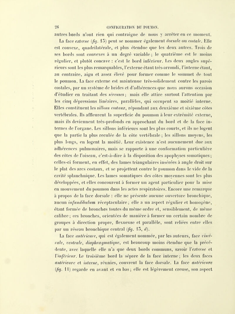 autres bords n'ont rien qui contraigne de nous y arrêter en ce moment. La face externe {fig. 13) peut se nommer également dorsale ou costale. Elle est convexe, quadrilatérale, et plus étendue que les deux autres. Trois de ses bords sont convexes à un degré variable ; le quatrième est le moins régulier, et plutôt concave : c'est le bord inférieur. Les deux angles supé- rieurs sont les plus remarquables, l'externe étant très-arrondi, l'interne étant, au contraire, aigu et assez élevé pour former comme le sommet de tout le poumon. La face externe est maintenue très-solidement contre les parois costales, par un système de brides et d'adhérences que nous aurons occasion d'étudier en traitant des séreuses ; mais elle attire surtout l'attention par les cinq dépressions linéaires, parallèles, qui occupent sa moitié interne. Elles constituent les sillons costaux, répondant aux deuxième et sixième côtes vertébrales. Ils affleurent la superficie du poumon à leur extrémité externe, mais ils deviennent très-profonds en approchant du bord et de la face in- ternes de l'organe. Les sillons inférieurs sont les plus courts, et ils ne logent que la partie la plus reculée de la côte vertébrale ; les sillons moyens, les plus longs, en logent la moitié. Leur existence n'est aucunement due aux adhérences pulmonaires, mais se rapporte à une conformation particulière des côtes de l'oiseau, c'est-à-dire h la disposition des apophyses somaliques; celles-ci forment, en effet, des lames triangulaires insérées à angle droit sur le plat des arcs costaux, et se projettent contre le poumon dans le vide de la cavité splanchnique. Les lames somatiques des côtes moyennes sont les plus développées, et elles concourent à former un agent particulier pour la mise en mouvement du poumon dans les actes respiratoires. Encore une remarque à propos de la face dorsale : elle ne présente aucune ouverture bronchique, aucun infundibulum réceptaculaire ; elle a un aspect régulier et homogène, étant formée de bronches toutes du même ordre et, sensiblement, de même calibre; ces bronches, orientées de manière à former un certain nombre de groupes à direction propre, flexueuse et parallèle, sont reliées entre elles par un réseau bronchique central {fig. 13, d). La face antérieure, qui est également nommée, par les auteurs, face viscé- rale, ventrale, diaphragmatique, est beaucoup moins étendue que la précé- dente, avec laquelle elle n'a que deux bords communs, savoir Vexterne et Yinférievr. Le troisième bord la sépare de la face interne ; les deux faces antérieure et interne, réunies, couvrent la face dorsale. La face antérieure [fig. 11) regarde en avant et en bas; elle est légèrement creuse, son aspect