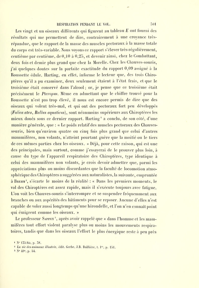 Les vingt et un oiseaux différents qui figurent au tableau E ont fourni des résultats qui me permettent de dire, contrairement à une croyance très- répandue, que le rapport de la masse des muscles pectoraux à la masse totale du corps est très-variable. Nous voyons ce rapport s'élever très-régulièrement, centième par centième, de 0/10 à 0,25, et devenir ainsi, cbez le Combattant, deux fois et demie plus grand que chez la Morelle. Chez les Chauves-souris, j'ai quelques doutes sur la parfaite exactitude du rapport 0,09 assigné à la Roussette édule, Harting, en effet, informe le lecteur que, des trois Chiro- ptères (ju'il a pu examiner, deux seulement étaient à l'état frais, et que le troisième était conservé dans l'alcool ; or, je pense que ce troisième était précisément le Pleropm. Même en admettant que le chiffre trouvé pour la Roussette n'est pas trop élevé, il nous est encore permis de dire que des oiseaux qui volent très-mal, et qui ont des pectoraux fort peu développés [Fulica atra, Rallus aquaticus), sont néanmoins supérieurs aux Chiroptères les mieux doués sous ce dernier rapport. Harting' a conclu, de son côté, d'une manière générale, que : « Le poids relatif des muscles pectoraux des Chauves- souris, bien qu'environ (juatre ou cinq fois plus grand que celui d'autres mammifères, non volants, n'atteint pourtant guère que la moitié ou le tiers de ces mêmes parties chez les oiseaux. » Déjà, pour cette raison, qui est une des principales, mais surtout, comme j'essayerai de le prouver plus loin, à cause du type de l'appareil respiratoire des Chiroptères, type identique à celui des mammifères non volants, je crois devoir admettre que, parmi les appréciations plus ou moins discordantes que la faculté de locomotion atmo- sphérique des Chiroptères a suggérées aux naturalistes, la suivante, empruntée à BfîEdM-, s'écarte le moins de la réalité : « Dans les premiers moments, le vol des Chiroptères est assez rapide, mais il s'exécute toujours avec fatigue. L'on voit les Chauves-souris s'interrompre et se suspendre fréquemment aux branches ou aux aspérités des bâtiments pour se reposer. Aucune d'elles n'est capable de voler aussi longtemps qu'une hirondelle, et l'on n'en connaît point qui émigrent comme les oiseaux. » Le professeur Sappey^ après avoir rappelé que « dans l'homme et les mam- mifères tout effort violent paralyse plus ou moins les mouvements respira- toires, tandis que dans les oiseaux l'effort le plus énergique reste à peu près » N 155 Us, p. 58. - La vie (les animaux illustrée, édit. Gerbe, J.B. Bailliére, t. I, p. loi. IS 49% p. 54.