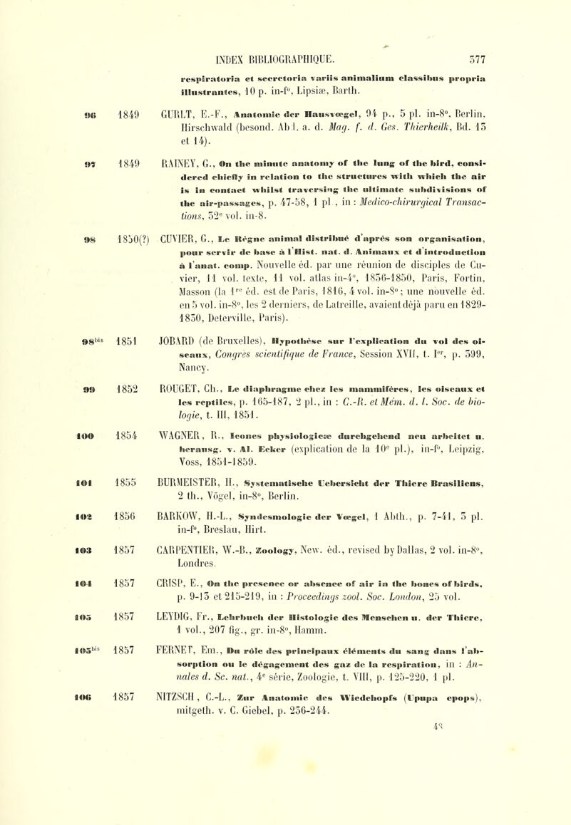 rvspiraturin et secretoria varîis aniinalium classibus propria illustrantes, 10 p. iii-f», Lipsitc, Barlh. »« 1849 GURLT, E.-F., Anatomîe fler HaHSTo-gel, Oi p., 5 pL in-8», Berlin, Ilirsohwald (bcsond. Ab 1. a. d. Mag. f. d. Ges. Tliierheilk, Bd. 13 et 14). Oï 1849 RAINEY, G., On tlie minute anatoniy of tlic lung of the birti, consi- dercd ehielly in relation to the structures Avitli whicli the air îs in contact wliilst traversitig tlic ultimatc subdivisions of the aîr-5>assases, p. 47-58, 1 pl , iii : Medico-chirurgiccil Transac- tiona, 52 vol. iii-8. 98 18jO(?) CUVIER, g., IjC Kègne animal distribui'- fl'après son organisation, pour servir de base à 1 llist. nat. d. Animaux et d introduction à fanât, comp. Nouvelle éd. par une réunion de disciples de Gu- vier, H vol. texte, 11 vol. atlas in-4, 183G-1850, Paris, Fortin, Masson (la 1''' éd. est de Paris, 1816,4 vol. in-S; une nouvelle éd. en .5 vol. in-8°, les 2 derniers, de Lalreille, avaient déjà paru en 1829- 1850, Deterville, Paris). 98'''^ 1851 JOBARD (de Bruxelles), Hypothèse sur l'explication du Toi des oi- seaux, Congres scienlilique de France, Session XVll, t. P'', p. 599, Nancy. 99 1852 ROUGET, Ch., Le diaphragme chez les mammifères, les oiseaux et les reptiles, p. 165-187, 2 pl., in : C.-R. et Mém. d. I. Soc. de bio- logie, t. Ul, ISM. lOO 1854 WAGNER, R., icônes physiolo gicae durchgelicnd neu arbeitet u. licrausg. V. Al. Ecker (explication de la 10 pl.), in-f, Leipzig, Voss, 1851-1859. flOI 1855 BURMEISTER, II., Systcmatische Uebersicht der Thiere Brasiliens, 2 th., Viigel, in-8», Berlin. iOa 1856 BARKOW, H.-L., Symlesmologie dcr Vœgel, 1 Abtll., p. 7-41, 5 pl. in-f°, Breslau, Ilirt. 103 1857 CARl'ENTIER, W.-B., Zoology, New. éd., revised by Dallas, 2 vol. in-8% Londres. 104 1857 CRISP, E., On the présence or absence of air in the bones of birds, p. 9-13 et 215-219, in : Proceedings zool. Soc. London, 25 vol. 105 1857 LEYDIG, Fr., Lehrbuch der llistolo gie des RIenschen u. der Thicre, 1 vol., 207 fig., gr. in-8, Ilamrn. I05'''' 1857 FERNET, Em., Du rôle d es principaux éléments du sang dans I ab- sorption ou le dégagement des gaai de la respiration, in : An- ncdes d. Se. nat., ¥ série. Zoologie, t. VIII, p. 125-220, 1 pl. ïoc 1857 NITZSGH, G .-L., Zur Anatomie des Wiedeliopfs (l'pupa epops),