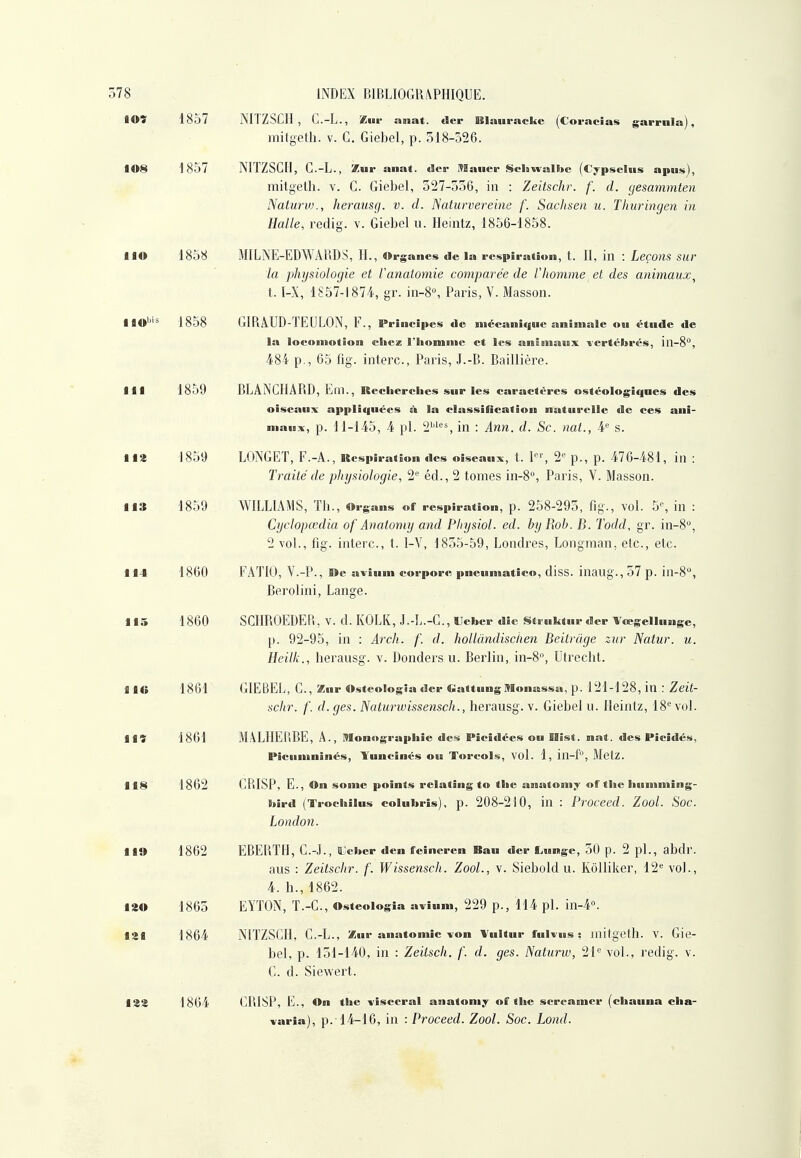 lOï 1857 NITZSCH, C.-L., ïm- anat. der BUaurackc (Coracïas garriila), mitgelh. v. G. Giebcl, p. 518-526. I08 1857 NITZSCH, C.-L., Zur anat. «Ici- iVIaiici- Seliwalltc (C;^psclus apus), raitgeth. v. G. Giebel, 327-356, in : Zeitschr. f. d. gesammten Natiiriv., herausg. v. d. Naturvereine f. Sachsen u. Thuringen in Halle, redig. v. Giebol u. Heintz, 1856-1858. IIO 1858 MILNE-EDWAliDS, TL, Organes de la respiration, t. H, il! : LeçonS SUr la physiologie et Vanatomie comparée de Vhomme et des animaux, t. I-X, 1857-1874, gr. in-8», Paris, V. Masson. iaoi^ 1858 GIRÂUD-TEULON, F., Principes de mécanique animale ou étude de la locomotion chez l'Iiomme et les animaïax vertébrés, in-S, 484 p., 65 ûg. interc, Paris, J.-B. Baillière. m 1859 BLANCHARD, Ern., Reeherclies sur les caractères ostéologiqnes des oiseaux appliquées à la classification naturelle de ces ani- maux, p. 11-145, 4 pl. 2'''«S in : Ann. d. Se. nat., 4° s. lia 1859 LONGET, F.-A., Respiration des oiseaux, t. \, 2 p., p. 476-481, in : Traité de physiologie, 2' éd., 2 tomes in-8°, Paris, V. Masson. It3 1859 WILLIAMS, Th., Organs of respiration, p. 258-293, fig., vol. 5% in : Cyelopœdia of Anatomy and Physiol. ed. by Rob. B. Todd, gr. in-8°, 2 voL, fig. interc, t. I-V, 1855-59, Londres, Longraan, etc., etc. 114 1860 FATIO, V.-P., De avium corpore pneumatico, diss. inailg., 57 p. in-S, Berolini, Lange. 115 1860 SCIIROEDEr., v. d. KOLK, J.-L.-G., Ueber die Struktur der Tœgellunge, p. 92-95, in : Arch. /'. d. hollàndischen Beitrâge zur Natur. u. Heilk., herausg. v. Donders u. Berlin, in-8, Utrecht. 1 l(i 1861 GIEBEL, G., Zur Osteolo^ia der GattungMonassa, p. 121-128, in : Zeit- schr. f. d. ges. Naturwissensch., herausg. v. Giebel u. Heintz, 18'^ voL 119 1861 MALlIEfiBE, A., Monographie des Picidées ou Hist. nat. des Picidés, Picumninés, Tuncinés ou Torcols, vol. 1, in-f, Metz. 118 1862 (]RISP, E., On sonie points relating to the anatom^f of the humming- hird (Trochîlus colubris), p. 208-210, in : Pvoceed. Zool. Soc. London. 11» 1862 EBERTH, G.-J., IJcber den feineren Bau der Lunge, 50 p. 2 pl., abdr. aus : Zeitschr. f. Wissensch. Zool., v. Siebold u. Kôlliker, 12'' vol., 4. h., 1862. lao 1865 EYTON, T.-C., Osteoiogia avium, 229 p., 114 pl. in-4°. 121 1864 NITZSCH, C.-L., Zur anatomic-von Vuitur fuivus : mitgeth. V. Gie- bel, p. 151-140, in : Zeitscli. /'. d. ges. Naturw, 21'= vol., redig. v. C. d. Siewert. 132 1864 CRISP, E., On tlie viscéral anatomy of the screamer (chauua cha- varia), p. 14-16, iu : Proceed. Zool. Soc. Lond.