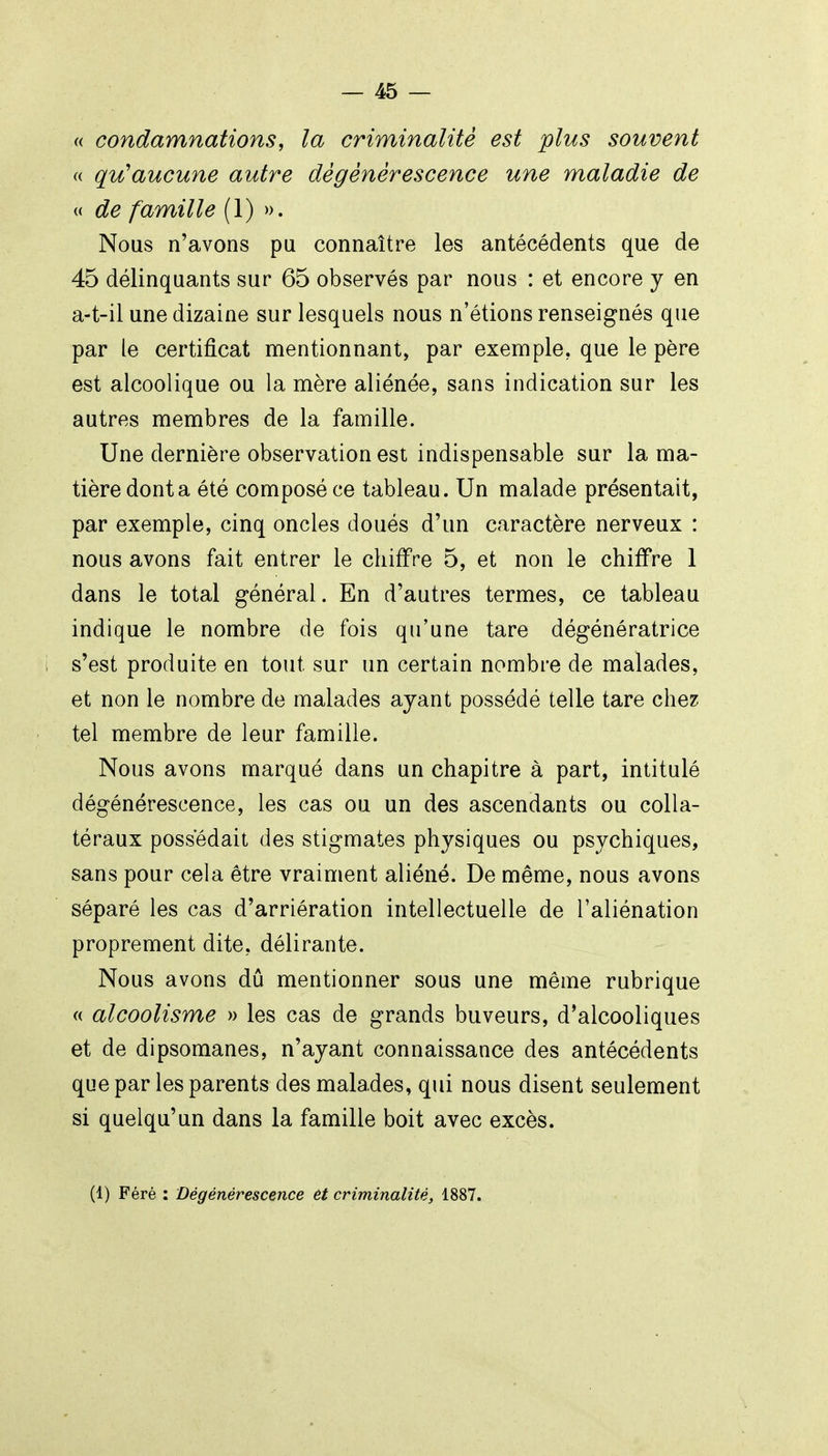 (( condamnations, la criminalité est plus souvent a qu'aucune autre dégénérescence une maladie de « de famille (1) ». Nous n'avons pu connaître les antécédents que de 45 délinquants sur 65 observés par nous : et encore y en a-t-il une dizaine sur lesquels nous n'étions renseignés que par le certificat mentionnant, par exemple, que le père est alcoolique ou la mère aliénée, sans indication sur les autres membres de la famille. Une dernière observation est indispensable sur la ma- tière dont a été composé ce tableau. Un malade présentait, par exemple, cinq oncles doués d'un caractère nerveux : nous avons fait entrer le chiffre 5, et non le chiffre 1 dans le total général. En d'autres termes, ce tableau indique le nombre de fois qu'une tare dégénératrice s'est produite en tout sur un certain nombre de malades, et non le nombre de malades ayant possédé telle tare chez tel membre de leur famille. Nous avons marqué dans un chapitre à part, intitulé dégénérescence, les cas ou un des ascendants ou colla- téraux possédait des stigmates physiques ou psychiques, sans pour cela être vraiment aliéné. De même, nous avons séparé les cas d'arriération intellectuelle de l'aliénation proprement dite, délirante. Nous avons dû mentionner sous une même rubrique « alcoolisme » les cas de grands buveurs, d'alcooliques et de dipsomanes, n'ayant connaissance des antécédents que par les parents des malades, qui nous disent seulement si quelqu'un dans la famille boit avec excès. (1) Féré : Dégénérescence et criminalité, 1887.