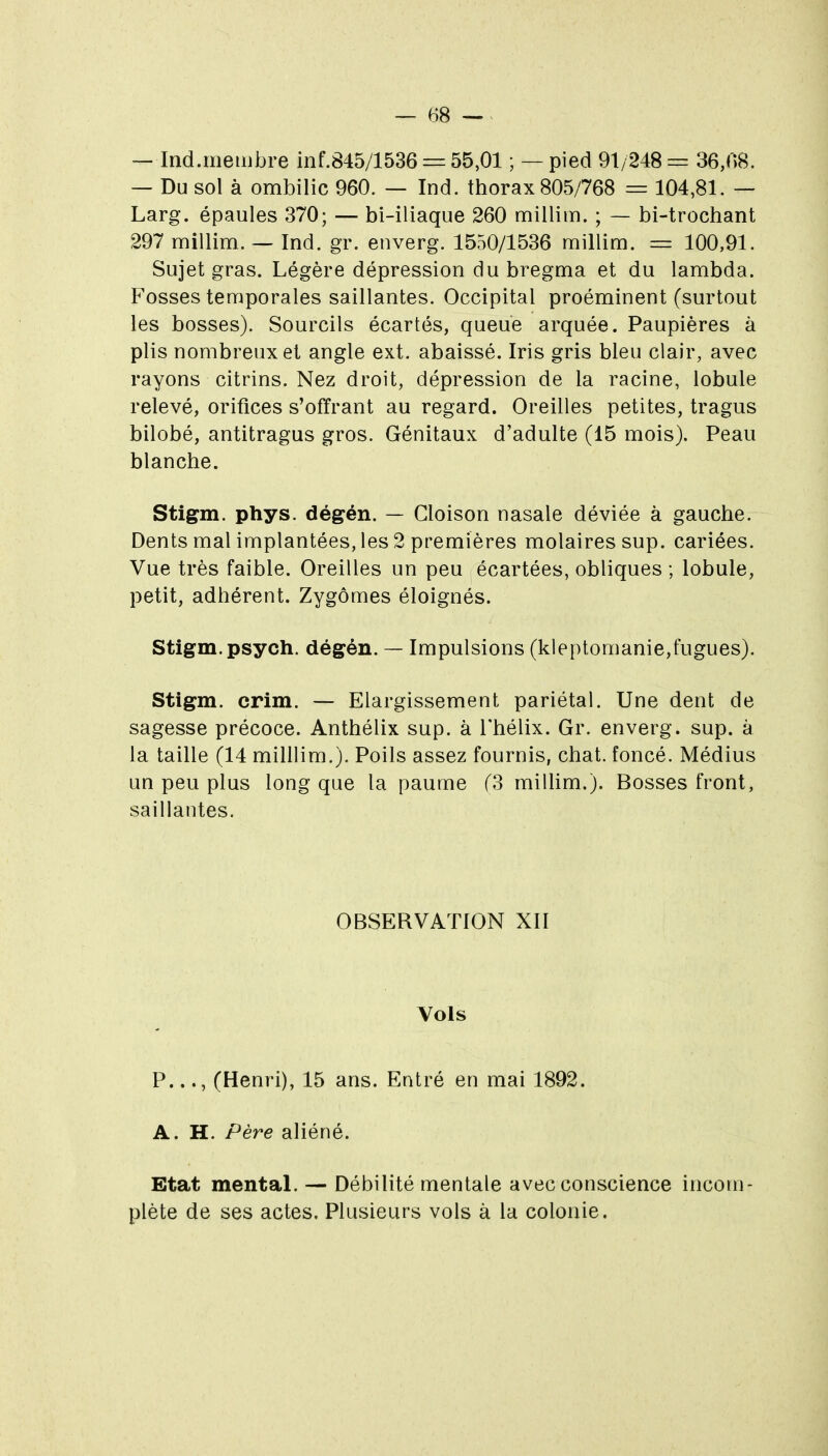 — Ind.meiiibre inf.845/1536 = 55,01 ; — pied 91/248 = 36,r)8. — Du sol à ombilic 960. — Ind. thorax 805/768 — 104,81. — Larg. épaules 370; — bi-iliaque 260 millim. ; — bi-trochant 297 millim. — Ind. gr. enverg. 1550/1536 millim. — 100,91. Sujet gras. Légère dépression du bregma et du lambda. Fosses temporales saillantes. Occipital proéminent (surtout les bosses). Sourcils écartés, queue arquée. Paupières à plis nombreux et angle ext. abaissé. Iris gris bleu clair, avec rayons citrins. Nez droit, dépression de la racine, lobule relevé, orifices s'ofïrant au regard. Oreilles petites, tragus bilobé, antitragus gros. Génitaux d'adulte (15 mois). Peau blanche. Stigm. phys. dégén. — Cloison nasale déviée à gauche. Dents mal implantées, les 2 premières molaires sup. cariées. Vue très faible. Oreilles un peu écartées, obliques ; lobule, petit, adhérent. Zygômes éloignés. Stigm.psych. dégén. — Impulsions (kleptomanie,fugues). Stigm. crim. — Elargissement pariétal. Une dent de sagesse précoce. Anthélix sup. à l'hélix. Gr. enverg. sup. à la taille (14 milllim.). Poils assez fournis, chat, foncé. Médius un peu plus long que la paume (3 milUm.). Bosses front, saillantes. OBSERVATION XII Vols P..., (Henri), 15 ans. Entré en mai 1892. A. H. Père aliéné. Etat mental. — Débilité mentale avec conscience incom- plète de ses actes. Plusieurs vols à la colonie.