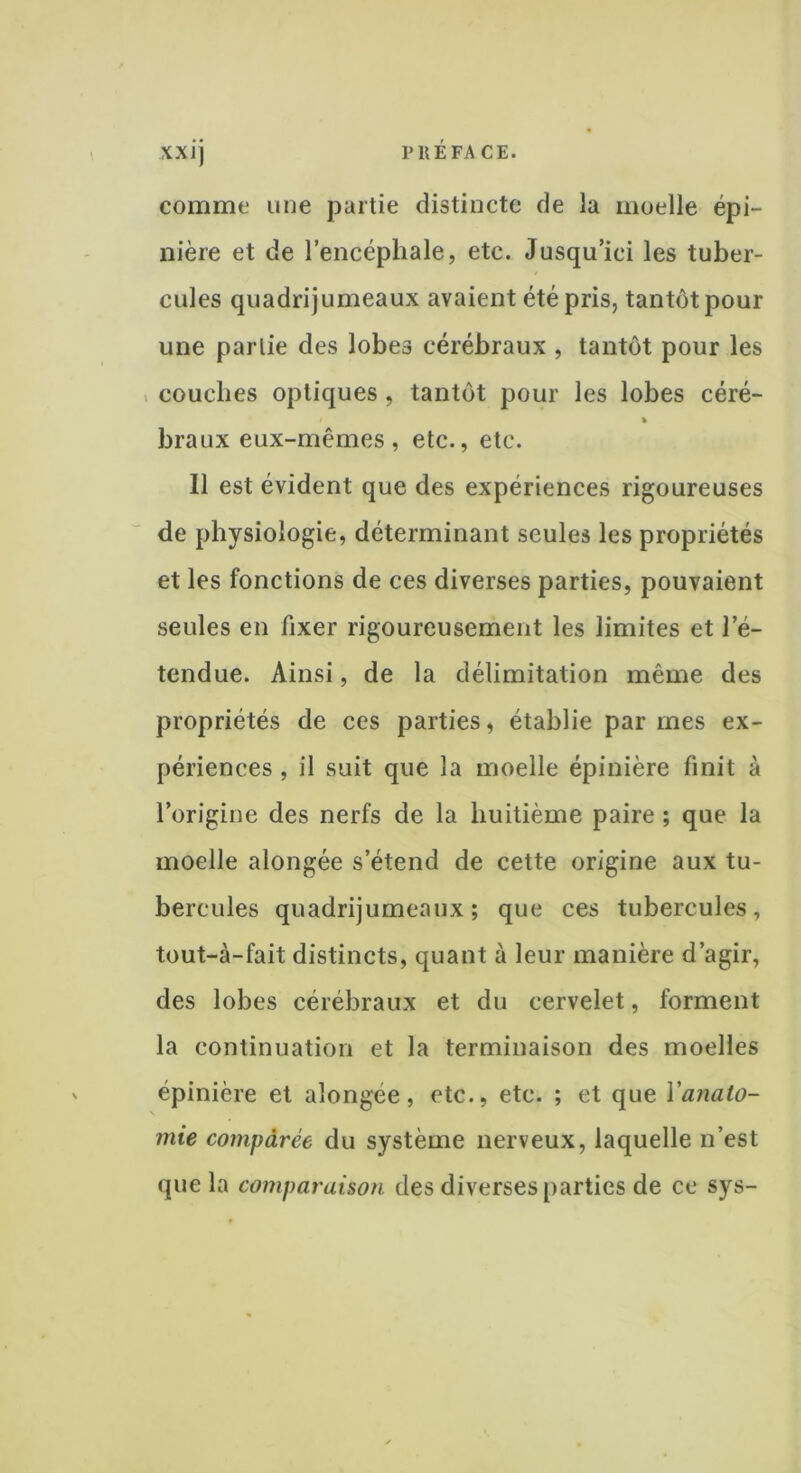comme une partie distincte de la moelle épi- nière et de l’encéphale, etc. Jusqu’ici les tuber- cules quadrijumeaux avaient été pris, tantôt pour une partie des lobes cérébraux , tantôt pour les couches optiques , tantôt pour les lobes céré- t » braux eux-mêmes, etc., etc. 11 est évident que des expériences rigoureuses de physiologie, déterminant seules les propriétés et les fonctions de ces diverses parties, pouvaient seules en fixer rigoureusement les limites et l’é- tendue. Ainsi, de la délimitation même des propriétés de ces parties, établie par mes ex- périences , il suit que la moelle épinière finit à l’origine des nerfs de la huitième paire ; que la moelle alongée s’étend de cette origine aux tu- bercules quadrijumeaux; que ces tubercules, tout-à-fait distincts, quant à leur manière d’agir, des lobes cérébraux et du cervelet, forment la continuation et la terminaison des moelles épinière et alongée, etc., etc. ; et que Vanato- mie compârée du système nerveux, laquelle n’est que la comparaison des diverses parties de ce sys-