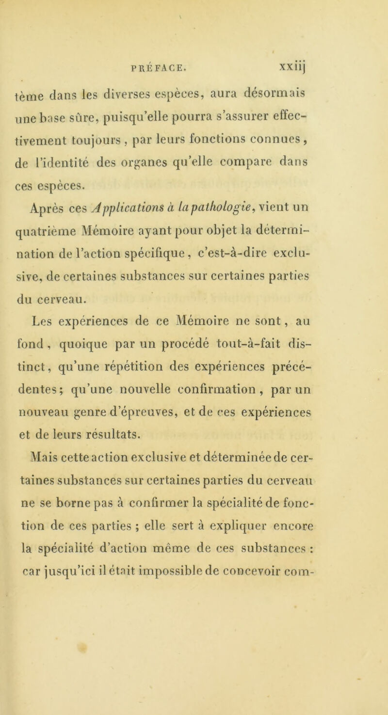 PRÉFACE. XXÜj tème dans les diverses espèces, aura désormais une base sûre, puisqu’elle pourra s’assurer effec- tivement toujours , par leurs fonctions connues, de l’identité des organes qu’elle compare dans ces espèces. Après ces Applications à la pathologie, vient un quatrième Mémoire ayant pour objet la détermi- nation de l’action spécifique, c’est-à-dire exclu- sive, de certaines substances sur certaines parties du cerveau. Les expériences de ce Mémoire ne sont, au fond , quoique par un procédé tout-à-fait dis- tinct , qu’une répétition des expériences précé- dentes; qu’une nouvelle confirmation, par un nouveau genre d’épreuves, et de ces expériences et de leurs résultats. Mais cette action exclusive et déterminée de cer- taines substances sur certaines parties du cerveau ne se borne pas à confirmer la spécialité de fonc- tion de ces parties ; elle sert à expliquer encore la spécialité d’action même de ces substances : car jusqu’ici il était impossible de concevoir com-