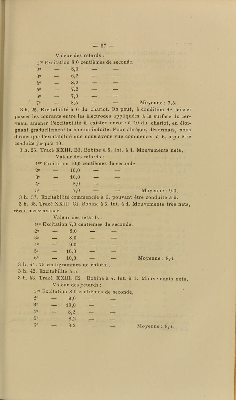 Valeur des retards : lre Excitation 8,0 centièmes de seconde. 2° — 8,0 — — 3« — 6,2 — — 4° — 8,2 — — 50 — 7,2 — — 6e — 7,0 — — 7e — 8,5 — — Moyenne : 7,5. 3 h. 25. Excitabilité à 6 du chariot. On peut, à condition de laisser passer les courants entre les électrodes appliquées à la surface du cer- veau, amener l’excitabilité à exister encore à 10 du chariot, en éloi- gnant graduellement la bobine induite. Pour abréger, désormais, nous dirons que l’excitabilité que nous avons vue commencer à 6, a pu être conduite jusqu’à 10. 3 h. 26. Tracé XXIII. B3. Bobine à 5. Int. à 1. Mouvements nets. Valeur des retards : 1er Excitation 10,0 centièmes de seconde. 2e — 10,0 — — 3e — 10,0 — — 4e — 8,0 — — 5e — 7,0 — — Moyenne : 9,0. 3 h. 37. Excitabilité commencée à 6, pouvant être conduite à 9. 3 h. 38. Tracé XXIII. Cl. Bobine à 6. Int. à 1. Mouvements très nets, réveil assez avancé. Valeur des retards : lie Excitation 7,0 centièmes de seconde. 2e — 8,0 — — 3c — 8,0 — — 4“ — 9,0 — — 5e — 10,0 — — 6e — 10,0 — — Moyenne : 8,6. 3 h. 41. 75 centigrammes de chloral. 3 h. 42. Excitabilité à 5. 3 h. 43. Tracé XXIII» C2. Bobine à 4. Int. à 1. Mouvements nets. Valeur des'retards : lr0 Excitation 8,0 centièmes de seconde, G)e — 9,0 — — 3° — 10,0 — — 4e — 8,2 — — 5“ 8,2 — 6° ~ 8,2 — — Moyenne : 8,6.