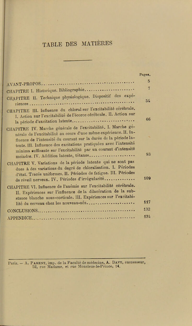 TABLE DES MATIÈRES Page*. AVANT-PROPOS CHAPITRE I. Historique. Bibliographie CHAPITRE II. Technique physiologique. Dispositif des expé- riences CHAPITRE III. Influence du chloral sur l’excitabilité cérébrale. I. Action sur l'excitabilité de l’écorce cérébrale. II. Action sur la période d’excitation latente CHAPITRE IV. Marche générale de l’excitabilité. I. Marche gé- nérale de l’excitabilité au cours d’une même expérience. II. In- fluence de l’intensité du courant sur la durée de la période la- tente. III. Influence des excitations pratiquées avec 1 intensité minima suffisante sur l’excitabilité par un courant d intensité moindre. IV. Addition latente, tétanos CHAPITRE V. Variations de la période latente qui ne sont pas dues à des variations du degré de chloralisation. I. Périodes d’état. Tracés uniformes. II. Périodes de fatigue, III. Périodes de réveil nerveux. IV. Périodes d’irrégularité CHAPITRE VI. Influence de l’anémie sur l’excitabilité cérébrale. II. Expériences sur l’influence delà dilacération de la sub- stance blanche sous-corticale. III. Expériences sur l’excitabi- lité du cerveau chez les nouveau-nés • CONCLUSIONS APPENDICE 5 7 54 66 93 109 117 132 134 Paris. — A. Parent, imp. de la Faculté de médecine, A. Davy, successeur,