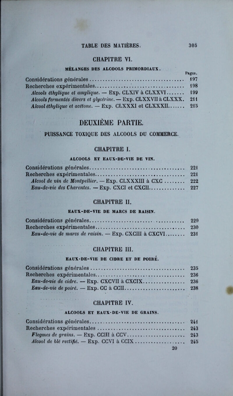 CHAPITRE yi. MÉLANGES DES ALCOOLS PRIMORDIAUX. Pages. Considérations générales 197 Recherches expérimentales ‘ 198 Alcools éthylique et amylique, — Exp. GLXIV à GLXXVI 199 Alcools fermentés divers et glycérine. — Exp. GLXXVII à GLXXX. 211 Alcool éthylique et acétone. — Exp. GLXXXI et GLXXXII 215 DEUXIÈME PARTIE. PUISSANCE TOXIQUE DES ALCOOLS DU COMMERCE. CHAPITRE I. ALCOOLS ET EAUX-DE-VIE DE VIN. Considérations générales 221 Recherches expérimentales 221 Alcool de vin de Montpellier. — Exp. GLXXXIII à GXG 222 Eau-de-vie des Charentes. — Exp. GXGI et GXGII 227 CHAPITRE II. EAUX-DE-VIE DE MARCS DE RAISIN. Considérations générales 229 Recherches expérimentales 230 Eau-de-vie de marcs de raisin. — Exp. GXGllI à CXCVI 231 CHAPITRE III. EAUX-DE-VIE DE CIDRE ET DE POIRE. Considérations générales 235 Recherches expérimentales 236 Eau-de-vie de cidre. — Exp. GXGVII à GXGIX 236 Eau-de-vie de poiré. — Exp. GG à CGII 238 CHAPITRE IV. ALCOOLS ET EAUX-DE-VIE DE GRAINS. Considérations générales 241 Recherches expérimentales 243 Flegmes de grains. — Exp. CCIII à GGV 243 Alcool de blé rectifié, — Exp. GGVl à CGIX 245 20
