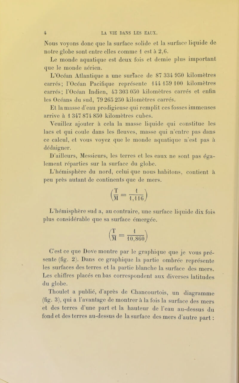 Nous voyons donc que la surface solide et la surface liquide de notre globe sont entre elles comme 1 est à 2,G. Le monde aquatique est deux fois et demie plus important que le monde aérien. L’Océan Atlantique a une surîace de 87 334 950 kilomètres carrés; l’Océan Pacifique représente 144 159 100 kilomètres carrés; l’Océan Indien, 43 303 050 kilomètres carrés et enfin les Océans du sud, 79 265 250 kilomètres carrés. Et la masse d'eau prodigieuse qui remplit ces fosses immenses arrive à 1 347 874 850 kilomètres cubes. Veuillez ajouter à cela la masse liquide qui constitue les lacs et qui coule dans les lleuves, masse qui n’entre pas dans ce calcul, et vous voyez que le monde aquatique n'est pas à dédaigner. D'ailleurs, Messieurs, les terres et les eaux ne sont pas éga- lement réparties sur la surface du globe. L’hémisphère du nord, celui que nous habitons, contient à peu près autant de continents que de mers. (m -Tjre) L’hémisphère sud a, au contraire, une surface liquide dix fois plus considérable que sa surface émergée. Æ = _!_\ VM 10,860 / C'est ce que Dove montre par le graphique que je vous pré- sente (fig. 2). Dans ce graphique la partie ombrée représente les surfaces des terres et la partie blanche la surface des mers. Les chiffres placés en bas correspondent aux diverses latitudes du globe. Thoulet a publié, d'après de Chancourtois, un diagramme (fig. 3), qui a l’avantage de montrer à la fois la surface des mers et des terres d'une part et la hauteur de l’eau au-dessus du fond et des terres au-dessus de la surface des mers d’autre part :