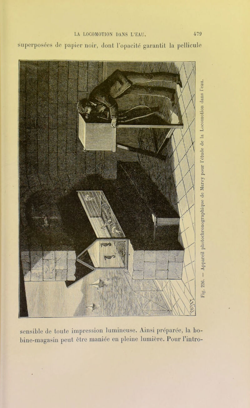 superposées de papier noir, dont l’opacité garantit la pellicule sensible de toute impression lumineuse. Ainsi préparée, la bo bine-magasin peut être maniée en pleine lumière. Pour l’intro Fi. 22G. — Appareil photochronographique de Marey pour l’étude de la Locomotion dans l’eau.