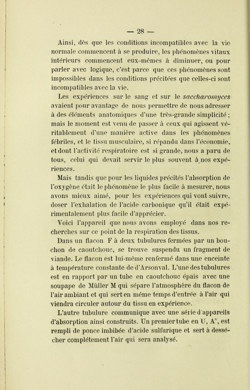 Ainsi, dès que les conditions incompatibles avec la vie normale commencent à se produire, les phénomènes vitaux intérieurs commencent eux-mêmes à diminuer, ou pour parler avec logique, c'est parce que ces phénomènes sont impossibles dans les conditions précitées que celles-ci sont incompatibles avec la vie. Les expériences sur le sang et sur le saccharomyces avaient pour avantage de nous permettre de nous adresser à des éléments anatomiques d'une très-grande simplicité ; mais le moment est venu de passer à ceux qui agissent vé- ritablement d'une manière active dans les phénomènes fébriles, et le tissu musculaire, si répandu dans l'éccmomie, et dont l'activité respiratoire est si grande, nous a paru de tous, celui qui devait servir le plus souvent à nos expé- riences. Mais tandis que pour les liquides précités l'absorption de l'oxygène était le phénomène le plus facile à mesurer, nous avons mieux aimé, pour les expériences qui vont suivre, doser l'exhalation de Facide carbonique qu'il était expé- rimentalement plus facile d'apprécier. Voici l'appareil que nous avons employé dans nos re- cherches sur ce point de la respiration des tissus. Dans un flacon F à deux tubulures fermées par un bou- chon de caoutchouc, se trouve suspendu un fragment de viande. Le flacon est lui-même renfermé dans une enceinte à température constante de d'Arsonval. L'une des tubulures est en rapport par un tube en caoutchouc épais avec une soupape de Millier M qui sépare l'atmosphère du flacon de l'air ambiant et qui sert en même temps d'entrée à l'air qui viendra circuler autour du tissu en expérience. L'autre tubulure communique avec une série d 'appareils d'absorption ainsi construits. Un premiertube en U, A'', est rempli de ponce imbibée d'acide sulfurique et sert à dessé- cher complètement l'air qui sera analysé.