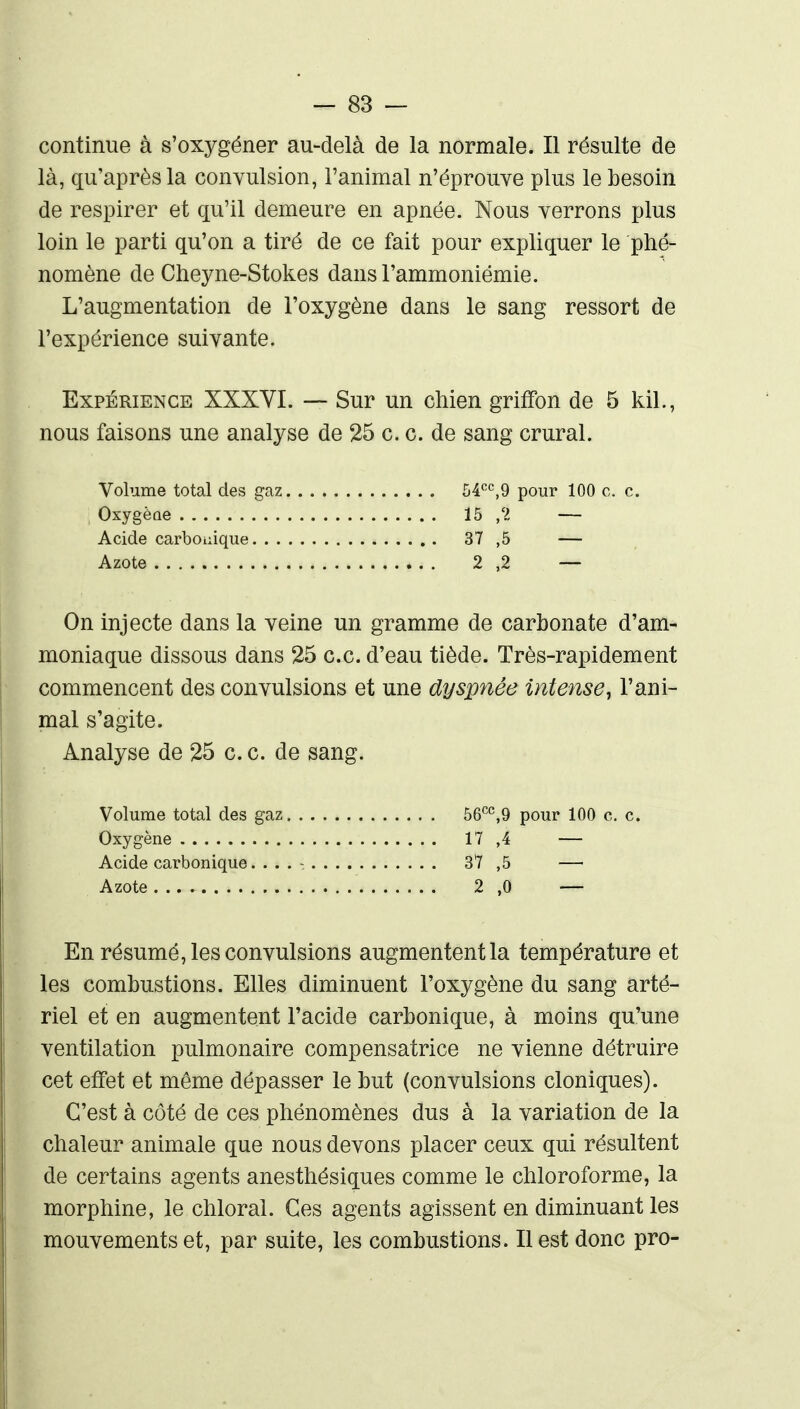 continue à s'oxygéner au-delà de la normale. Il résulte de là, qu'après la convulsion, l'animal n'éprouve plus le besoin de respirer et cju'il demeure en apnée. Nous verrons plus loin le parti qu'on a tiré de ce fait pour expliquer le phé- nomène de Clieyne-Stokes dansl'ammoniémie. L'augmentation de l'oxygène dans le sang ressort de l'expérience suivante. Expérience XXXVL — Sur un chien gritFon de 5 kil., nous faisons une analyse de 25 c. c. de sang crural. Volume total des gaz Oxygène Acide carbouique. . . Azote On injecte dans la veine un gramme de carbonate d'am- moniaque dissous dans 25 ce. d'eau tiède. Très-rapidement commencent des convulsions et une dyspnée intense, l'ani- mal s'agite. Analyse de 25 c. c. de sang. Volume total des gaz Oxygène Acide carbonique. . . Azote En résumé, les convulsions augmentent la température et les combustions. Elles diminuent l'oxygène du sang arté- riel et en augmentent l'acide carbonique, à moins qu'une ventilation pulmonaire compensatrice ne vienne détruire cet effet et même dépasser le but (convulsions cloniques). C'est à côté de ces phénomènes dus à la variation de la chaleur animale que nous devons placer ceux qui résultent de certains agents anesthésiques comme le chloroforme, la morphine, le chloral. Ces agents agissent en diminuant les mouvements et, par suite, les combustions. Il est donc pro- 54^^9 pour 100 c. c. 15 ,2 — 37 ,5 — 2 ,2 — 56^^9 pour 100 c. c. 17 ,4 — 37 ,5 — 2 ,0 —