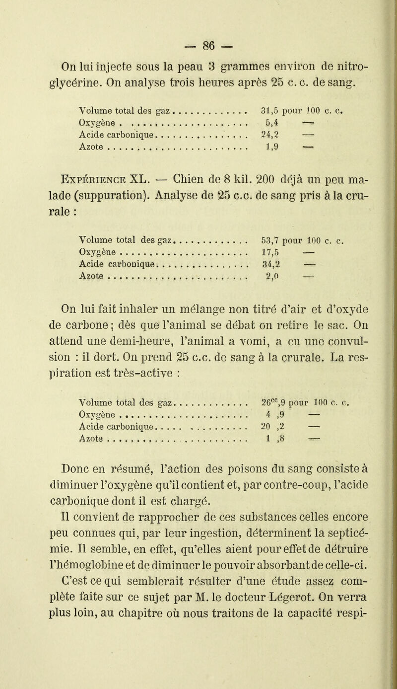 On lui injecte sous la peau 3 grammes environ de nitro- glycérine. On analyse trois heures après 25 c. c. de sang. Volume total des gaz Oxygène Acide carbonique. . . Azote Expérience XL. — Chien de 8 kil. 200 déjà un peu ma- lade (suppuration). Analyse de 25 ce. de sang pris à la cru- rale : Volume total des gaz Oxygène Acide carbonique. . . Azote On lui fait inhaler un mélange non titré d'air et d'oxyde de carbone ; dès que l'animal se débat on retire le sac. On attend une demi-heure, l'animal a vomi, a eu une convul- sion : il dort. On prend 25 ce. de sang à la crurale. La res- piration est très-active : Volume total des gaz 26^^,9 pour 100 c. c. Oxygène 4,9 — Acide carbonique 20 ,2 — Azote 1 ,8 — Donc en résumé, Faction des poisons du sang consiste à diminuer l'oxygène qu'il contient et, par contre-coup, l'acide carbonique dont il est chargé. Il convient de rapprocher de ces substances celles encore peu connues qui, par leur ingestion, déterminent la septicé- mie. Il semble, en effet, qu'elles aient pour effet de détruire l'hémoglobine et de diminuer le pouvoir absorbant de celle-ci. C'est ce qui semblerait résulter d'une étude assez com- plète faite sur ce sujet par M. le docteur Légerot. On verra plus loin, au chapitre où nous traitons de la capacité respi- 31,5 pour 100 c. c. 5.4 — 24,2 — 1,9 — 53,7 pour 100 c. c. 17,5 — 34,2 — 2,0 —