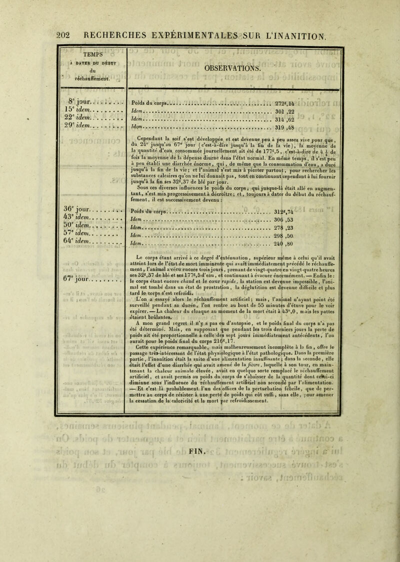 TEMPS DATER DU DÉBUT du réchauffement. 8° jour 15e idem 22e idem 29' idem 36' jour 43' idem 50e idem 57' idem. 64' idem -ni nO . ! 67' jour. OBSERVATIONS. Poids du corps 272e, 14 Idem..... 301 ,22 Idem. ' 314,62 Idem 319 ,48 Cependant la soif s’est développée et est devenue peu à peu assez vive pour que, du 24e jusqu’au 67° jour (c’est-à-dire jusqu’à la fin de la vie), la moyenne de la quantité d’eau consommée journellement ait été de 177e,5, c’est-à-dire de 4 1 de fois la moyenne de la dépense diurne dans l’ctat normal. En meme temps , il s’est peu à peu établi une diarrhée énorme, qui , de meme que la consommation d’eau, a duré jusqu’à la fin de la vie; et l’animal s’est mis à picoter partout, pour rechercher les substances calcaires qu’on ne lui donnait pas, tout en continuant cependant à lui fournir jusqu’à la fin ses 32e,37 de blé par jour. Sous ces diverses influences le poids du corps, qui jusque-là était allé en augmen- tant , s’est mis progressivement à décroître ; et, toujours à dater du début du réchauf- fement, il est successivement devenu : Poids du corps 312g,74 Idem 306 ,53 Idem 278 ,23 Idem 298 ,50. Idem 240 ,80 Le corps étant arrivé à ce degré d’exténuation , supérieur meme à celui qu’il avait atteint lors de l’état de mort imminente qui avait immédiatement précédé le réchauffe- ment, l’animal avécu encore trois jours , prenant de vingt-quatre en vingt-quatre heures ses 32e,37 de blé et ses 177e,5 d’eau, et continuant à évacuer énormément. — Enfin le : le corps étant encore chaud et le cœur rapide, la station est devenue impossible , l’ani- mal est tombé dans un état de prostration , la déglutition est devenue difficile et plus tard le corps s’est refroidi. L’on a essayé alors le réchauffement artificiel; mais, l’animal n’ayant point été surveillé pendant sa durée, l’on rentre au bout de 55 minutes d’étuve pour le voir expirer. — La chaleur du cloaque au moment de la mort était à 43°,0, mais les pattes étaient brûlantes. A mon grand regret il n’y a pas eu d’autopsie, et le poids final du corps n’a pas été déterminé. Mais, en supposant que pendant les trois derniers jours la porte de poids ait été proportionnelle à celle des sept jours immédiatement antécédents, l’on aurait pour le poids final du corps 216e,17. Cette expérience remarquable, mais malheureusement incomplète à la fin , offre le passage très-intéressant de l’état physiologique à l’état pathologique. Dans la première partie, l’inanition était la suite d’une alimentation insuffisante; dans la seconde, elle était l’effet d’une diarrhée qui avait amené de la Jicvre, laquelle à son tour, en main- tenant la chaleur animale élevée, avait en quelque sorte remplacé le réchauffement artificiel, et avait permis au poids du corps de s’abaisser de la quantité dont cekii-ci diminue sous l’influence du réchauffement artificiel non secondé par l’alimentation. — Et c’est là probablement l’un des offices de la perturbation fébrile, que de per- mettre au corps de résister à une perte de poids qui eût suffi , sans elle, pour amener la cessation de la caloricité et la mort par refroidissement. FIN.