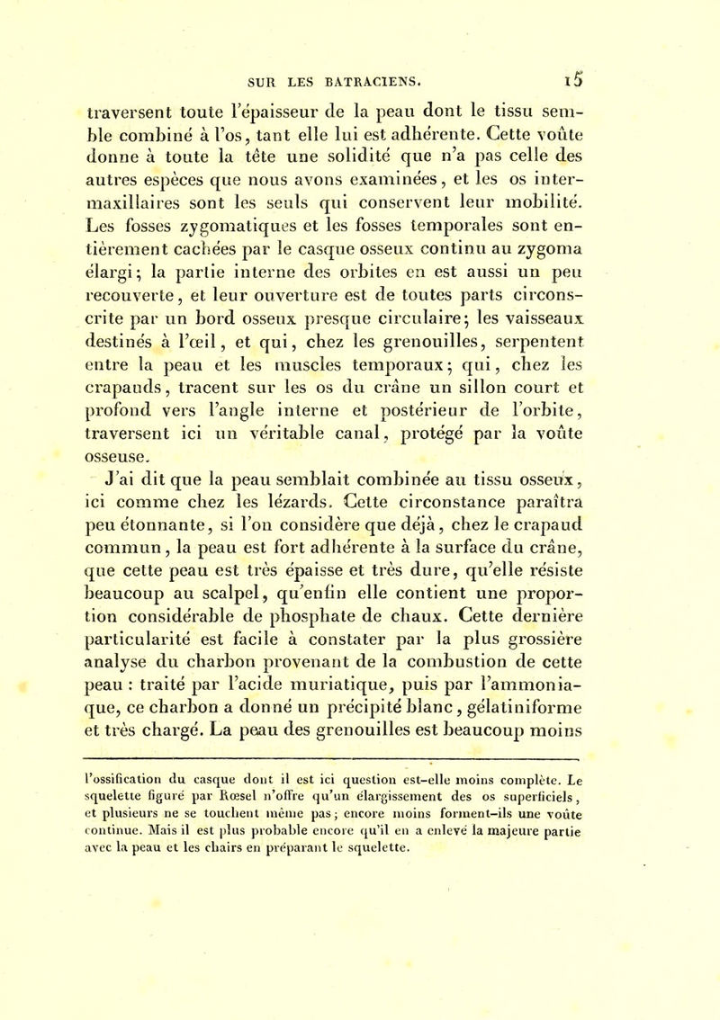 traversent toute l'épaisseur cle la peau dont le tissu sem- ble combiné à Tos, tant elle lui est adhérente. Cette voûte donne à toute la téte une solidité que n'a jias celle des autres espèces que nous avons examinées, et les os inter- maxillaires sont les seuls qui conservent leur mobilité. Les fosses zygomatiques et les fosses temporales sont en- tièrement cacliées par le casque osseux continu au zygoma élargi; la partie interne des orbites en est aussi un peu recouverte, et leur ouverture est de toutes parts circons- crite par un bord osseux presque circulaire; les vaisseaux destinés à l'œil, et qui, chez les grenouilles, serpentent entre la peau et les muscles temporaux ; qui, chez les crapauds, tracent sur les os du crâne un sillon court et profond vers l'angle interne et postérieur de l'orbite, traversent ici un véritable canal, protégé par la voûte osseuse- J'ai dit que la peau semblait combinée au tissu osseux, ici comme chez les lézards. Celte circonstance paraîtra peu étonnante, si l'on considère que déjà, chez le crapaud commun, la peau est fort adhérente à la surface du crâne, que cette peau est très épaisse et très dure, qu'elle résiste beaucoup au scalpel, qu'enfin elle contient une propor- tion considérable de phosphate de chaux. Cette dernière particularité est facile à constater par la plus grossière analyse du charbon provenant de la combustion de cette peau : traité par l'acide muriatique, puis par l'ammonia- que, ce charbon a donné un précipité blanc, gélatiniforme et très chargé. La peau des grenouilles est beaucoup moins l'ossification du casque dont il est ici question est-elle moins complète. Le squelette figuré par Rœsel n'offre qu'un élargissement des os superficiels, et plusieurs ne se touchent même pas ; encore moins forment-ils une voûte continue. Mais il est plus probable encore qu'il en a enlevé la majeure partie avec la peau et les chairs en préparant le squelette.