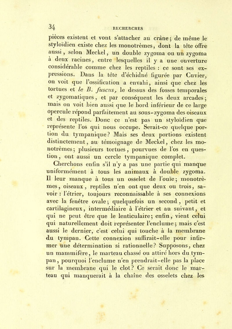 pièces existent et vont s'attacher au crâne ; de même le styloïdien existe chez les monotrèmes, dont la tête offre aussi, selon Meckel, un double zygoma ou un zygoma à deux racines, entre lesquelles il y a une ouverture considérable comme chez les reptiles : ce sont ses ex- pressions. Dans la téte d'échidné figurée par Cuvier, on voit que l'ossification a envahi, ainsi que chez les tortues et le B. fuscus, le dessus des fosses temporales et zygomatiques, et par conséquent les deux arcades j mais on voit bien aussi que le bord inférieur de ce large opercule répond parfaitement au sous-zygoma des oiseaux et des reptiles. Donc ce n'est pas un styloïdien que représente l'os qui nous occupe. Serait-ce quelque por- tion du tympanique? Mais ses deux portions existent distinctement, au témoignage de Meckel, chez les mo- notrèmesj plusieurs tortues, pourvues de l'os en ques- tion , ont aussi un cercle tympanique complet. Cherchons enfin s'il n'y a pas une partie qui manque uniformément à tous les animaux à double zygoma. Il leur manque à tous un osselet de l'ouïe ; monotrè- mes, oiseaux, reptiles n'en ont que deux ou trois, sa- voir : l'étrier, toujours reconnaissable à ses connexions avec la fenêtre ovale ^ quelquefois un second , petit et cartilagineux, intermédiaire à l'étrier et au suivant, et qui ne peut être que le lenticulaire; enfin, vient celui qui naturellement doit représenter l'enclume 5 mais c'est aussi le dernier, c'est celui qui touche à la membrane du tympan. Cette connexion suffirait-elle pour infir- mer uue détermination si rationnelle? Supposons, chez un mammifère, le marteau chassé ou attiré hors du tym- pan, pourquoi l'enclume n'en prendrait-elle pas la place sur la membrane qui le clot? Ce serait donc le mar- teau qui manquerait à la chaîne des osselets chez les