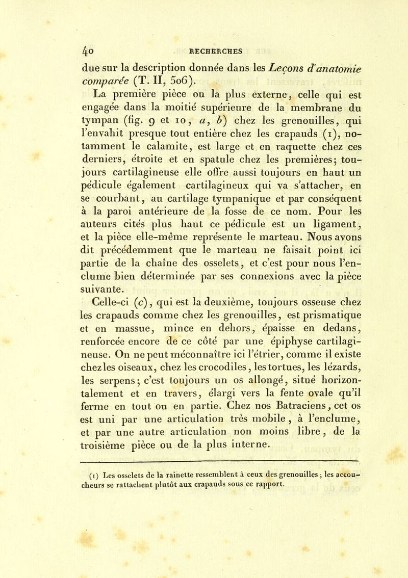 due sur la description donne'e dans les Leçons d'anatomie comparée (T. II, 5o6). La première pièce ou la plus externe, celle qui est engagée dans la moitié supérieure de la membrane du tympan (fig. 9 et 10, a, b) chez les grenouilles, qui l'envahit presque tout entière chez les crapauds (i), no- tamment le calamité, est large et en raquette chez ces derniers, étroite et en spatule chez les premières; tou- jours cartilagineuse elle offre aussi toujours en haut un pédicule également cartilagineux qui va s'attacher, en se courbant, au cartilage tympanique et par conséquent à la paroi antérieure de la fosse de ce nom. Pour les auteurs cités plus haut ce pédicule est un ligament, et la pièce elle-même représente le marteau. Nous avons dit précédemment que le marteau ne faisait point ici partie de la chaîne des osselets, et c'est pour nous l'en- clume bien déterminée par ses connexions avec la pièce suivante. Celle-ci (c), qui est la deuxième, toujours osseuse chez les crapauds comme chez les grenouilles, est prismatique et en massue, mince en dehors, épaisse en dedans, renforcée encore de ce côté par une épiphyse cartilagi- neuse. On ne peut méconnaître ici l'étrier, comme il existe chez les oiseaux, chez les crocodiles, les tortues, les lézards, les serpens; c'est toujours un os allongé, situé horizon- talement et en travers, élargi vers la fente ovale qu'il ferme en tout ou en partie. Chez nos Batraciens, cet os est uni par une articulation très mobile , à l'enclume, et par une autre articulation non moins libre, de la troisième pièce ou de la plus interne. (i) Les osselets de la rainette ressemblent à ceux des grenouilles ; les accou- cheurs se rattachent plutôt aux crapauds sous ce rapport.