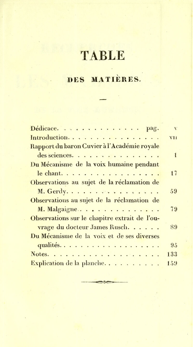 TABLE DES MATIÈRES, Dédicace. , r • .■ • pag. v Introduction. vu Piapport du baron Cuvier à l'Académie royale des sciences I Du Mécanisme de la voix humaine pendant le chant. 17 Observations au sujet de la réclamation de M. Gerdy. ............... 59 Observations au sujet de la réclamation de M. Malgaigne 79 Observations sur le chapitre extrait de l'ou- vrage du docteur James Pviisch. ..... 89 Du Mécanisme de la voix et de ses diverses qualités 95 Notes 133 Explication de la planche. . , 159