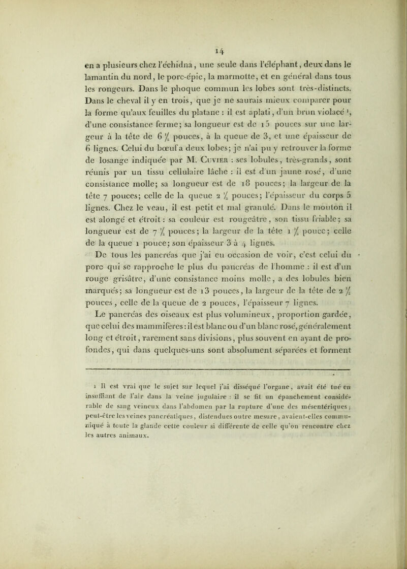 en a plusieurs chez l’échidna, une seule dans l’élcphant, deux dans le lamantin du nord, le porc-épic, la marmotte, et en général dans tous les rongeurs. Dans le phoque commun les lobes sont très-distincts. Dans le cheval il y en trois, que je ne saurais mieux comparer pour la forme qu’aux feuilles du platane : il est aplati, d’un brun violacé >, d’une consistance ferme; sa longueur est de i5 pouces sur une lar- geur à la tète de 6 j pouces, à la queue de 3, et une épaisseur de 6 lignes. Celui du bœuf a deux lobes; je n’ai pu y retrouver la forme de losange indiquée par M. Cuvier : ses lobules, très-grands, sont réunis par un tissu cellulaire lâche : il est d’un jaune rosé, d’une consistance molle; sa longueur est de 18 pouces; la largeur de la tête 7 pouces; celle de la queue i % pouces; l’épaisseur du corps 5 lignes. Chez le veau, il est petit et mal granulé. Dans le mouton il est alongé et étroit: sa couleur est rougeâtre, son tissu friable; sa longueur est de 7 f pouces; la largeur de la tête 1 '/2 pouce; celle de la queue 1 pouce; son épaisseur 3 à 4 lignes. De tous les pancréas que j’ai eu occasion de voir, c’cst celui du porc qui se rapproche le plus du pancréas de l’homme : il est d’un rouge grisâtre, d’une consistance moins molle, a des lobules bien marqués; sa longueur est de i3 pouces, la largeur de la tète de 2 J pouces , celle de la queue de 2 pouces, l’épaisseur 7 lignes. Le panci’éas des oiseaux est plus volumineux, proportion gardée, que celui des mammifères: il est blanc ou d’un blanc rosé, généralement long et étroit, rarement sans divisions, plus souvent en ayant de pro- fondes, qui dans quelques-uns sont absolument séparées et forment 1 II est vrai que le sujet sur lequel j’ai disséqué l’organe, avait été tué en insufflant de l’air daus la veine jugulaire : il se fit un épanchement considé- rable de sang veineux dans l’abdomen par la rupture d’une des mésentériques ; peut-être les veines pancréatiques, distendues outre mesure, avaient-elles commu- niqué à toute la glande cette couleur si différente de celle qu’on rencontre chez les autres animaux.
