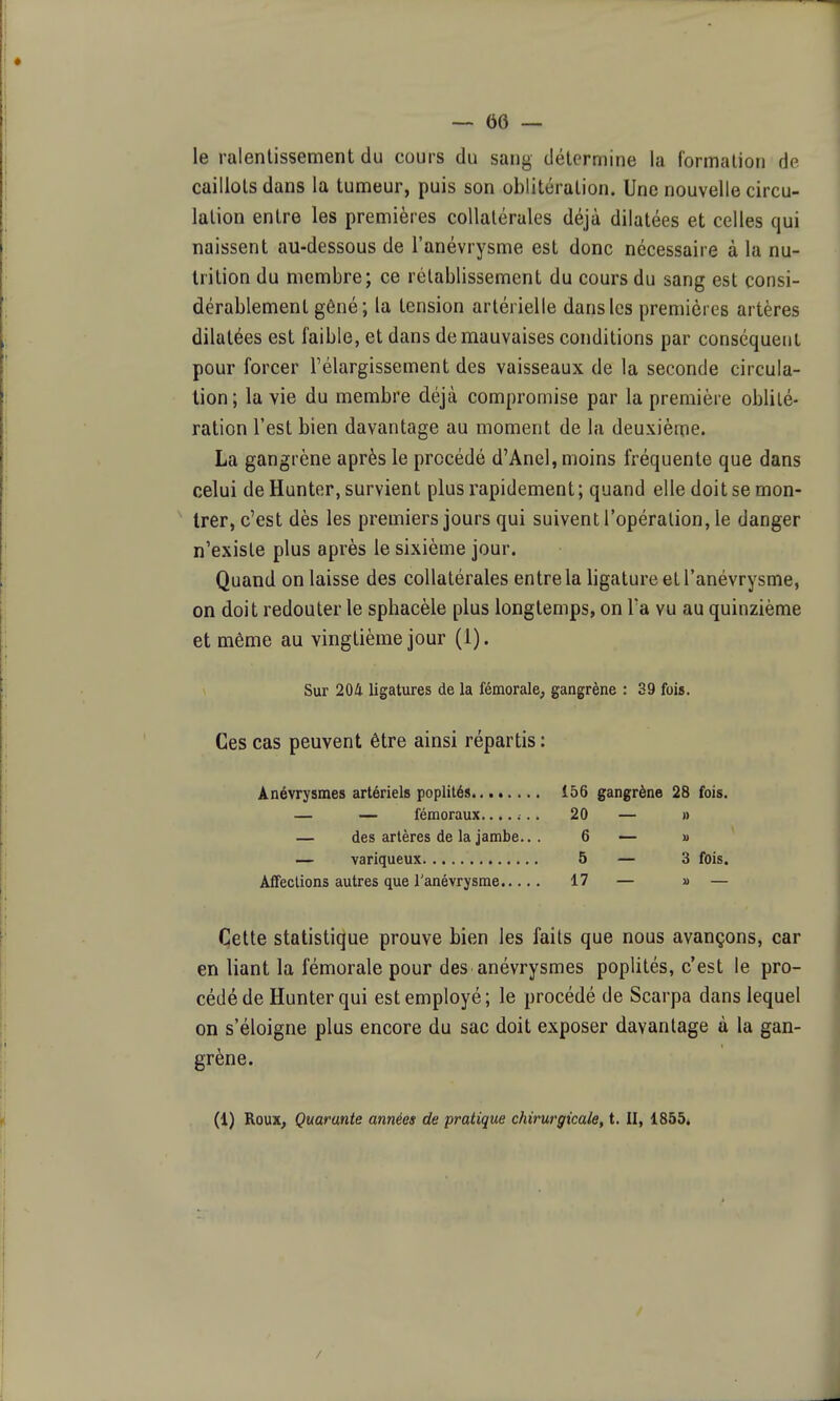 I. I ! — 66 — le ralentissement du cours du sang détermine la formation de caillots dans la tumeur, puis son oblitération. Une nouvelle circu- lation entre les premières collatérales déjà dilatées et celles qui naissent au-dessous de i'anévrysme est donc nécessaire à la nu- trition du membre; ce rétablissement du cours du sang est consi- dérablement gêné; la tension artérielle dans les premières artères dilatées est faible, et dans de mauvaises conditions par conséquent pour forcer l'élargissement des vaisseaux de la seconde circula- tion; la vie du membre déjà compromise par la première oblité- ration l'est bien davantage au moment de la deuxième. La gangrène après le procédé d'Anel, moins fréquente que dans celui de Hunter, survient plus rapidement; quand elle doit se mon- trer, c'est dès les premiers jours qui suivent l'opération, le danger n'existe plus après le sixième jour. Quand on laisse des collatérales entre la ligature et I'anévrysme, on doit redouter le sphacèle plus longtemps, on Ta vu au quinzième et même au vingtième jour (1). Sur 204 ligatures de la fémorale, gangrène : 39 fois. Ces cas peuvent être ainsi répartis : Anévrysmes artériels poplités 156 gangrène 28 fois. — — fémoraux.20 — » — des artères de la jambe... 6 — » — variqueux 5 — 3 fois. Affections autres que I'anévrysme 17 — » — Cette statistique prouve bien les faits que nous avançons, car en liant la fémorale pour des anévrysmes poplités, c'est le pro- cédé de Hunter qui est employé; le procédé de Scarpa dans lequel on s'éloigne plus encore du sac doit exposer davantage à la gan- grène. (1) Roux, Quarante années de pratique chirurgicale, t. II, 1855.