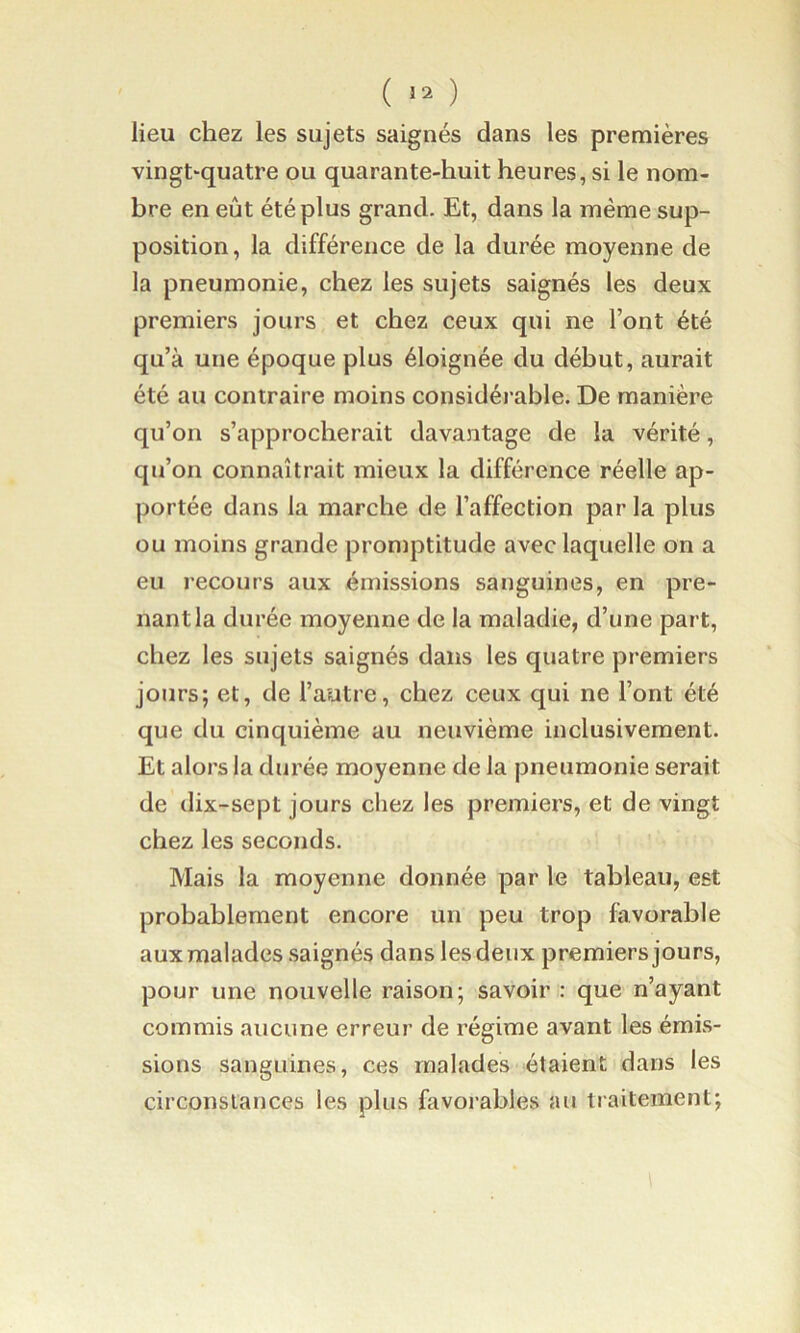lieu chez les sujets saignés dans les premières vingt^quatre ou quarante-huit heures, si le nom- bre en eût été plus grand. Et, dans la même sup- position, la différence de la durée moyenne de la pneumonie, chez les sujets saignés les deux premiers jours et chez ceux qui ne l’ont été qu’à une époque plus éloignée du début, aurait été au contraire moins considéi-able. De manière qu’on s’approcherait davantage de la vérité, qii’on connaîtrait mieux la différence réelle ap- portée dans la marche de l’affection par la plus ou moins grande proniptitude avec laquelle on a eu l’ecours aux émissions sanguines, en pre- nant la durée moyenne de la maladie, d’une part, chez les sujets saignés dans les quatre premiers jours; et, de l’autre, chez ceux qui ne l’ont été que du cinquième au neuvième inclusivement. Et alors la durée moyenne de la pneumonie serait de dix-sept jours chez les premiers, et de vingt chez les seconds. Mais la moyenne donnée par le tableau, est probablement encore un peu trop favorable aux malades saignés dans les deux premiers jours, pour une nouvelle raison; savoir : que n’ayant commis aucune erreur de régime avant les émis- sions sanguines, ces malades étaient dans les circonstances les plus favorables au traitement;