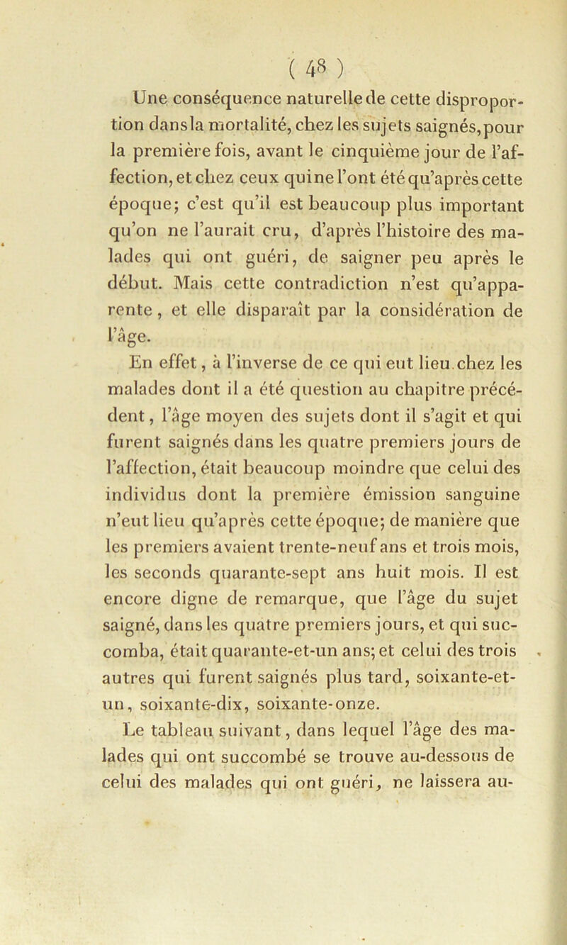 Une conséquence naturelle de celte dispropor- tion dansla mortalité, chez les sujets saignés,pour la première fois, avant le cinquième jour de l’af- fection, et chez ceux qui ne l’ont été qu’après cette époque; c’est qu’il est heaucoiip plus important qu’on ne l’aurait cru, d’après l’histoire des ma- lades qui ont guéri, de saigner peu après le début. Mais cette contradiction n’est qu’appa- rente , et elle disparaît par la considération de A âge. En effet, à l’inverse de ce qui eut lieu.chez les malades dont il a été question au chapitre précé- dent , l’âge moyen des sujets dont il s’agit et qui furent saignés dans les quatre premiers jours de l’affection, était beaucoup moindre que celui des individus dont la première émission sanguine n’eut lieu qu’après cette époque; de manière que les premiers avaient trente-neuf ans et trois mois, les seconds quarante-sept ans huit mois. Il est encore digne de remarque, que l’âge du sujet saigné, dans les quatre premiers jours, et qui suc- comba, était quarante-et-un ans; et celui des trois . autres qui furent saignés plus tard, soixante-et- un, soixante-dix, soixante-onze. Le tableau suivant, dans lequel l’âge des ma- lades qui ont succombé se trouve au-dessous de celui des malades qui ont guéri, ne laissera au-