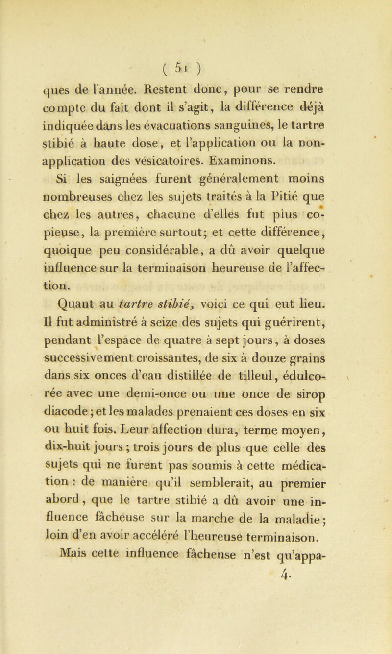 C 5. ) qiies de l’année. Restent donc, pour se rendre compte du fait dont il s’agit, la différence déjà indiquée dans les évacuations sanguines, le tartre stibié à haute dose, et l’application ou la non- application des vésicatoires. Examinons. Si les saignées furent généralement moins nombreuses chez les sujets traités à la Pitié que chez les autres, chacune d’elles fut plus co- pieuse, la première surtout; et cette différence, quoique peu considérable, a dû avoir quelque influence sur la terminaison heureuse de l’affec- tion. Quant au tartre stibié, voici ce qui eut lieu. Il fut administré à seize des sujets qui guérirent, pendant l’espace de quatre à sept jours, à doses successivement croissantes, de six à douze grains dans six onces d’eau distillée de tilleul, édulco- rée avec une demi-once ou une once de sirop diacode; et les malades prenaient ces doses en six ou huit fois. Leur affection dura, terme moyen, dix-huit jours ; trois jours de plus que celle des sujets qui ne furent pas soumis à cette médica- tion : de manière qu’il semblerait, au premier abord, que le tartre stibié a dû avoir une in- fluence fâcheuse sur la marche de la maladie; loin d en avoir accéléré l’heureuse terminaison. Mais celte influence fâcheuse n’est qu’appa-