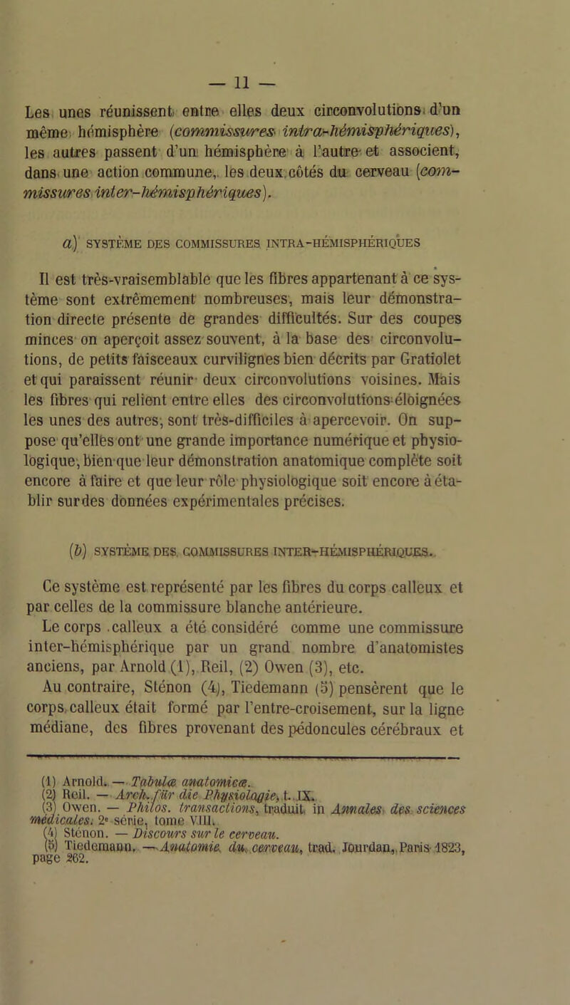 Les unes réunissent entre'elles deux circonvolutionsi d’un même hémisphère {commissures^ inirohUémisviiériques), les autres passent d’un hémisphère- à l’autre- et associent, dans une action commune,, les deux.côtés du cerveau [com- missures inter-hémisphériques). a) SYSTÈME DES COMMISSURES INTRA-HÈMISPHÉRIQUES Il est très-vraisemblable que les fibres appartenant à ce sys- tème sont extrêmement nombreuses, mais leur démonstra- tion directe présente de grandes difficultés. Sur des coupes minces on aperçoit assez souvent, à la base des circonvolu- tions, de petits faisceaux curvilignes bien décrits par Gratiolet et qui paraissent réunir- deux circonvolutions voisines. Mais les fibres qui relient entre elles des circonvolutions^éloignées les unes des autres-, sont très-difilciles à apercevoir. On sup- pose qu’ellés ont une grande importance numérique et physio- logique, bien que leur démonstration anatomique complète soit encore à fttire et que leur rôle physiologique soit encore à éta- blir sur des données expérimentales précises. (6) SYSTÈME DES. COMMISSURES INTER-HÉMISPHÉRIÛUEa., Ce système est représenté par les fibres du corps calleux et par celles de la commissure blanche antérieure. Le corps .calleux a été considéré comme une commissure inter-hémisphérique par un grand nombre d’anatomistes anciens, par Arnold (1), Reil, (2) Owen (3), etc. Au contraire, Slénon (4j, Tiedemann (o) pensèrent que le corps,calleux était formé par l’entre-croisement, sur la ligne médiane, des fibres provenant des pédoncules cérébraux et (1) Arnold..— mutomea. (2) Rüil. — Arch..fMr die Pkÿnolaÿieyl..l^ (3J Owen. — Philos, transactions^ traduit, in AnnaleSt des. sciences médicalesi 2» série, tome VIU. Oi] Stcnon. — Discours sur le cerceau. (Ç) Tiedemann, —Anatomie du, c&rmav,. trad. Jourdan,. Paris-1823, page 262.