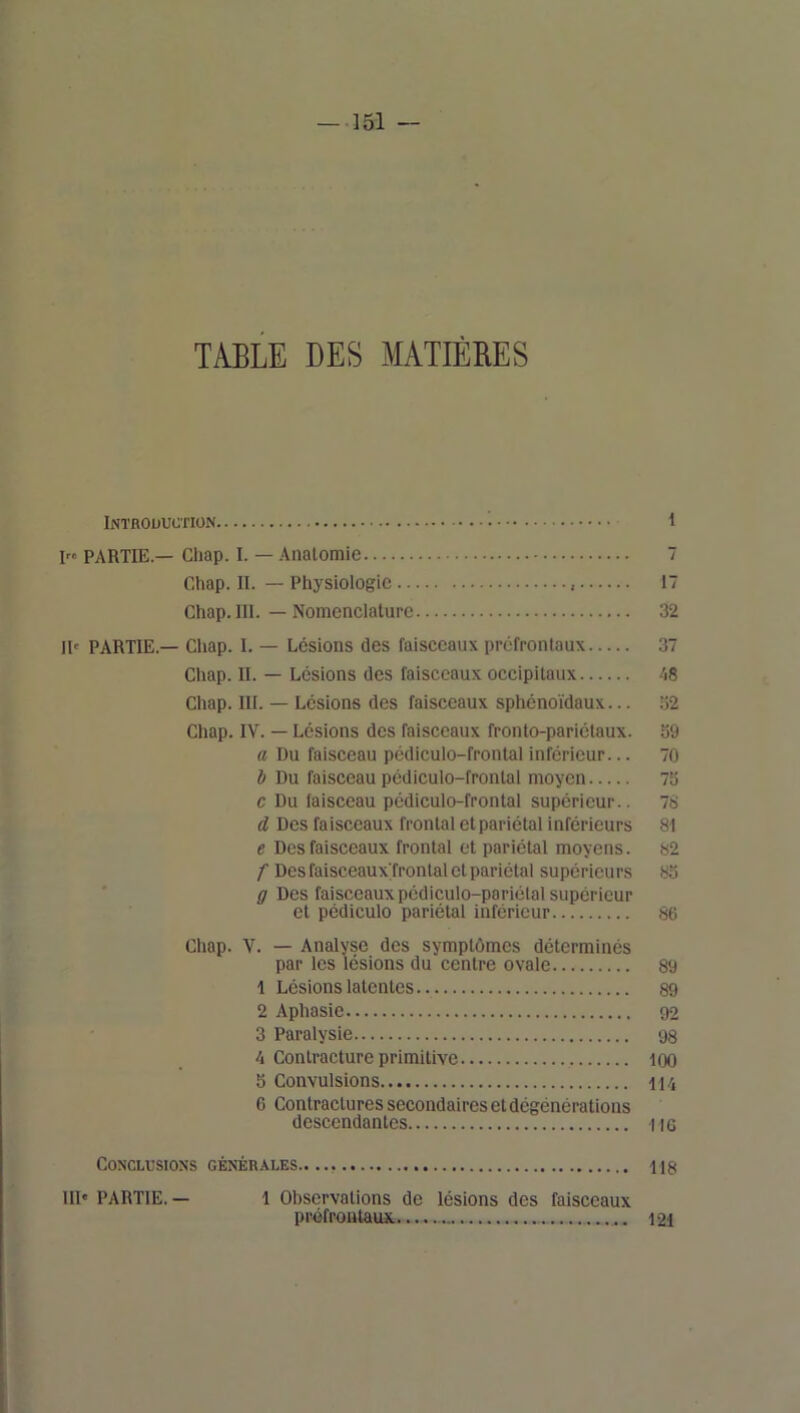TABLE DES MATIÈRES iNTROUUCTION I” PARTIE.— Gliap. I. — Analomie Chap. II. — Physiologie , Chap.Ill. — Nomenclature II' PARTIE.— Chap. I. — Lésions des faisceaux préfrontaux Chap. II. — Lésions des faisceaux occipitaux Chap. III. — Lésions des faisceaux sphénoïdaux... Chap. IV. — Lésions des faisceaux fronto-pariétaux. a Du faisceau pédiculo-frontal inférieur... 1) Du faisceau pédiculo-frontal moyen c Du laisceau pédiculo-frontal supérieur.. d Des faisceaux frontal et pariétal inférieurs e Des faisceaux frontal et pariétal moyens. f Des faisceauxTrontal et pariétal supérieurs g Des faisceaux pédiculo-pariétal supérieur et pédicule pariétal inférieur Chap. V. — Analyse des symptômes déterminés par les lésions du centre ovale 1 Lésions latentes 2 Aphasie 3 Paralysie k Contracture primitive 5 Convulsions 6 Contractures secondaires et dégénérations descendantes CON'CLUSIOXS GÉNÉRALES 111' PARTIE.— 1 Observations do lésions des faisceaux préfrontaux. 1 7 17 32 37 /.8 o2 o9 70 73 78 81 82 83 86 89 89 92 98 100 114 116 118 121