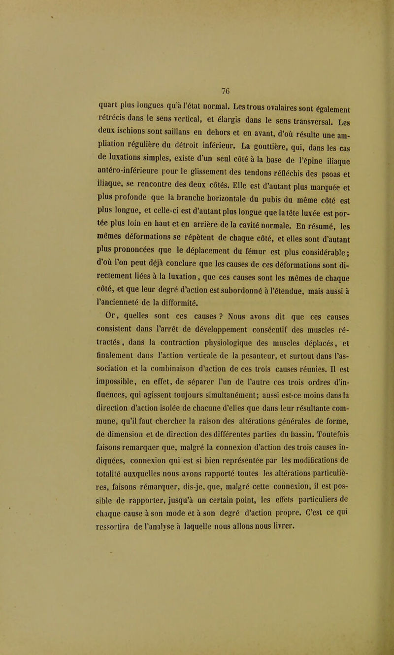 quari plus longues qu'aTélat normal. Les trous ovalalres sont également rétrécis dans le sens vertical, et élargis dans le sens transversal. Les deux ischions sont saillans en dehors et en avant, d'où résulte une am- pliation régulière du détroit inférieur. La gouttière, qui, dans les cas de luxations simples, existe d'un seul côté à la base de l'épine iliaque antéro-inférieure pour le glissement des tendons réfléchis des psoas et iliaque, se rencontre des deux côtés. Elle est d'autant plus marquée et plus profonde que la branche horizontale du pubis du même côté est plus longue, et celle-ci est d'autant plus longue que la tête luxée est por- tée plus loin en haut et en arrière de la cavité normale. En résumé, les mêmes déformations se répètent de chaque côté, et elles sont d'autant plus prononcées que le déplacement du fémur est plus considérable; d'oil l'on peut déjà conclure que les causes de ces déformations sont di- rectement liées à la luxation, que ces causes sont les mêmes de chaque côté, et que leur degré d'action est subordonné à l'étendue, mais aussi à l'ancienneté de la difformité. Or, quelles sont ces causes? Nous avons dit que ces causes consistent dans l'arrêt de développement consécutif des muscles ré- tractés, dans la contraction physiologique des muscles déplacés, et finalement dans l'action verticale de la pesanteur, et surtout dans l'as- sociation et la combinaison d'action de ces trois causes réunies. Il est impossible, en effet, de séparer l'un de l'autre ces trois ordres d'in- fluences, qui agissent toujours simultanément; aussi est-ce moins dans la direction d'action isolée de chacune d'elles que dans leur résultante com- mune, qu'il faut chercher la raison des altérations générales de forme, de dimension et de direction des différentes parties du bassin. Toutefois faisons remarquer que, malgré la connexion d'action des trois causes in- diquées, connexion qui est si bien représentée par les modifications de totalité auxquelles nous avons rapporté toutes les altérations particuliè- res, faisons rémarquer, dis-je, que, malgré cette connexion, il est pos- sible de rapporter, jusqu'à un certain point, les effets particuliers de chaque cause à son mode et à son degré d'action propre. C'est ce qui ressortira de l'analyse à laquelle nous allons nous livrer.