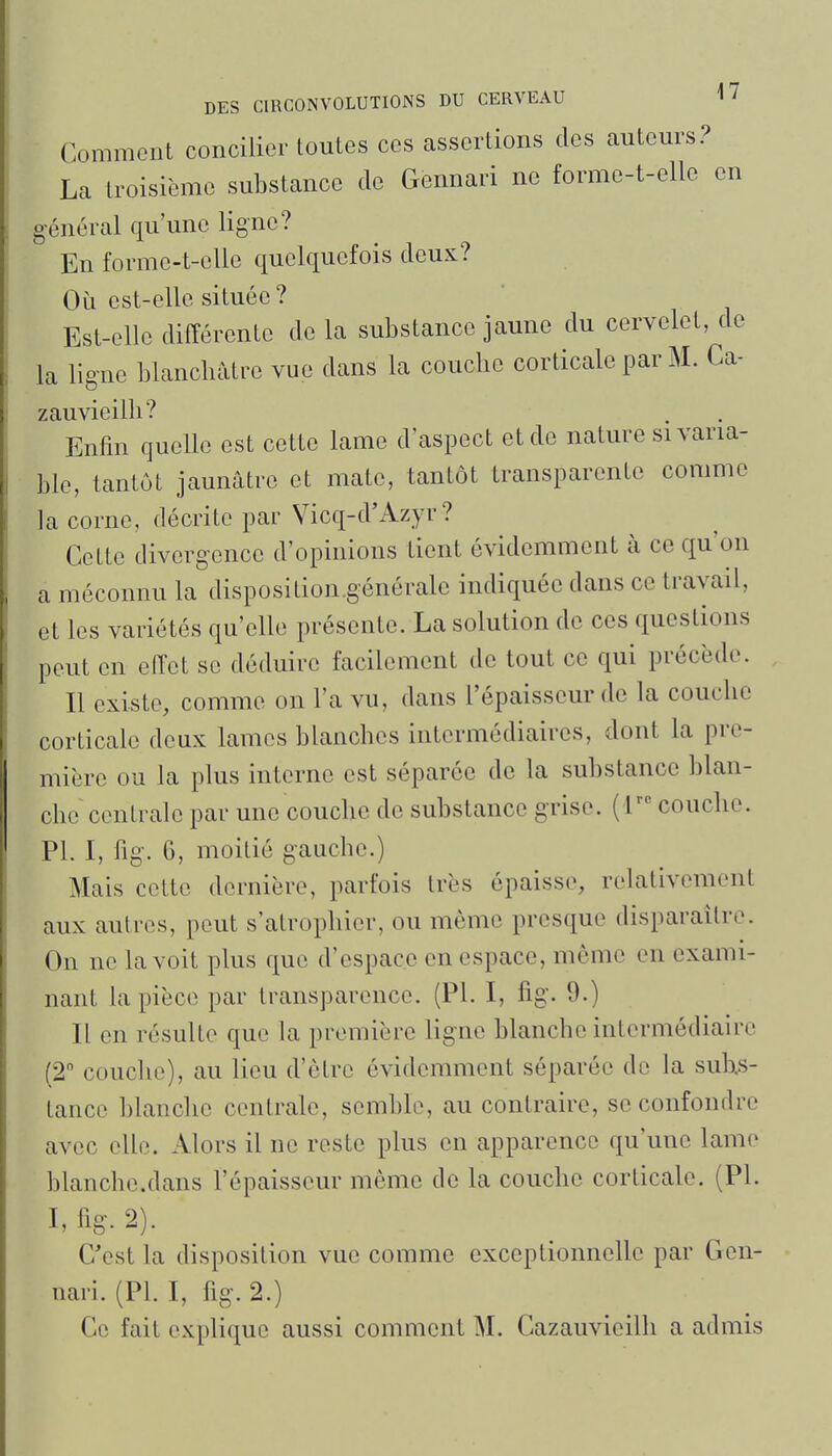 Comment concilier toutes ces assertions des autem^s? La troisième substance de Gennari ne forme-t-ellc en général qu'une ligne? En forme-t-elle quelquefois deux? Où est-elle située ? Est-elle différente de la substance jaune du cervelet, do la ligne blanchâtre vue dans la couche corticale par M. Ca- zauvieilli? Enfin quelle est cette lame d'aspect et de nature si varia- ble, tantôt jaunâtre et mate, tantôt transparente comme la corne, décrite par Vicq-d'Azyr? Cette divergence d'opinions tient évidemment à ce qu'on a méconnu la disposition.générale indiquée dans ce travail, et les variétés qu'elle présente. La solution de ces questions peut en effet se déduire facilement de tout ce qui précède. Il existe, comme on l'a vu, dans l'épaisseur de la couche corticale deux lames blanches intermédiaires, dont la pre- mière ou la plus interne est séparée de la substance blan- che centrale par une couche de substance grise. (1 couche. Pl. I, fig. 6, moitié gauche.) Mais cette dernière, parfois très épaisse, relativement aux autres, peut s'atrophier, ou même presque disparaître. On no la voit plus que d'espace en espace, même en exami- nant la pièce par transparence. (Pl. I, fig. 9.) Il en résulte que la première ligne blanche intermédiaire (2° couche), au Heu d'être évidemment séparée de la sub.s- tanco blanche centrale, semble, au contraire, se confondre avec elle. Alors il ne reste plus en apparence qu'une lame blanche.dans l'épaisseur même de la couche corticale. (Pl. I, fig. 2). C'est la disposition vue comme exceptionnelle par Gen- nari. (Pl. I, fig. 2.) Ce fait explique aussi comment M. Cazauvieilh a admis