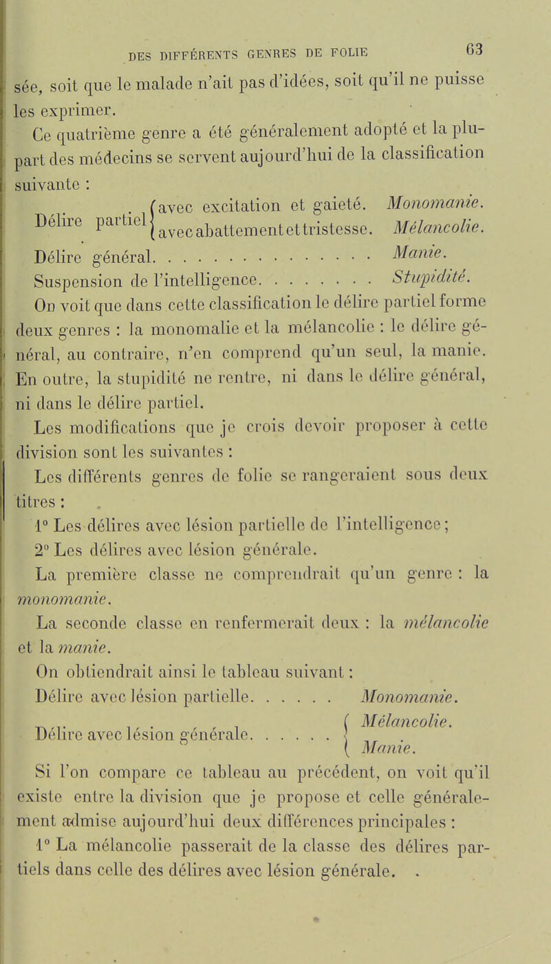 ' sée, soit que le malade n'ait pas d'idées, soit qu'il ne puisse les exprimer. Ce quatrième genre a été généralement adopté et la plu- part des médecins se servent aujourd'hui de la classification suivante : (avec excitation et gaieté. Monomanie. Délire pai'tielj^^^^^j^^^^^^^^^^^^^^^^.g^^gg^^ Mélancolie. Délire général Mante. Suspension de l'intelligence Stufidité. On voit que dans cette classification le délire partiel forme deux genres : la monomalie et la mélancolie : le délire gé- néral, au contraire, n'en comprend qu'un seul, la manie. ; En outre, la stupidité ne rentre, ni dans le délire général, 5 ni dans le délire partiel. Les modifications que je crois devoir proposer à cette division sont les suivantes : Les différents genres de folie se rangeraient sous deux titres : r Les délires avec lésion partielle de l'intelligence ; 2 Les délires avec lésion générale. La première classe ne comprendrait qu'un genre : la monomanie. La seconde classe en renfermerait deux : la mélancolie I et la manie. On obtiendrait ainsi le tableau suivant : Délire avec lésion partielle Monomanie. , ( Mélancolie. Délire avec lésion eenerale l  ( Marne. Si l'on compare ce tableau au précédent, on voit qu'il Iexiste entre la division que je propose et celle générale- ment admise aujourd'hui deux différences principales : 1* La mélancolie passerait de la classe des délires par- |l tiels dans celle des délires avec lésion générale. .