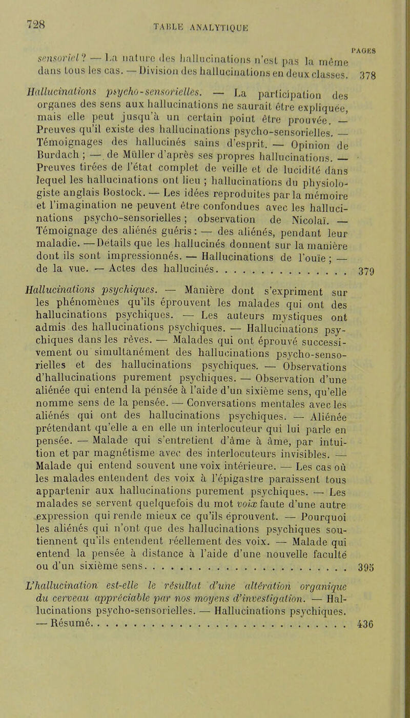 l'AGKS sejisûriol'! — nature des lialkicinaLions n'est pas la même dans tous les cas. — Division des lialluciuations en deux classes. 378 HalliicinaUons piycho-sensorielles. — La participation des organes des sens aux hallucinations ne saurait être expliquée, mais elle peut jusqu'à un certain point être prouvée. — Preuves qu'il existe des hallucinations psycho-sensorielles, — Témoignages des hallucinés sains d'esprit. — Opinion de Burdach ; — de Mûller d'après ses propres hallucinations. — • Preuves tirées de l'état complet de veille et de lucidité dans lequel les hallucinations ont lieu ; hallucinations du physiolo- giste anglais Bostock. — Les idées reproduites parla mémoire et l'imagination ne peuvent être confondues avec les halluci- nations psycho-sensorielles ; observation de Nicolaï. — Témoignage des aliénés guéris : — des ahénés, pendant leur maladie. —Détails que les hallucinés donnent sur la manière dont ils sont impressionnés. — Hallucinations de l'ouïe ; de la vue. — Actes des hallucinés 379 Hallucinations 'psychiques. — Manière dont s'expriment sur les phénomènes qu'ils éprouvent les malades qui ont des hallucinations psychiques. — Les auteurs mystiques ont ad mis des hallucinations psychiques. — Hallucinations psy- chiques dans les rêves. — Malades qui ont éprouvé successi- vement ou simultanément des hallucinations psycho-senso- rielles et des hallucinations psychiques. — Observations d'hallucinations purement psychiques. — Observation d'une aliénée qui entend la pensée à l'aide d'un sixième sens, qu'elle nomme sens de la pensée. — Conversations mentales avec les aliénés qui ont des hallucinations psychiques. — Aliénée prétendant qu'elle a en elle un interlocuteur qui lui parle en pensée. — Malade qui s'entretient d'càme à àme, par intui- tion et par magnétisme avec des interlocuteurs invisibles. — Malade qui entend souvent une voix intérieure. — Les cas où les malades entendent des voix à l'épigastre paraissent tous appartenir aux hallucinations purement psychiques. — Les malades se servent quelquefois du mot voix faute d'une autre expression qui rende mieux ce qu'ils éprouvent. — Pourquoi les aliénés qui n'ont que des hallucinations psychiques sou- tiennent qu'ils entendent réellement des voix. — Malade qui entend la pensée à distance à l'aide d'une nouvelle faculté ou d'un sixième sens 395 L'hallucination est-elle le résultat d'une altération organique du cerveau appréciable par nos moyens d'investigation. — Hal- lucinations psycho-sensorielles. — Hallucinations psychiques. — Résumé 436