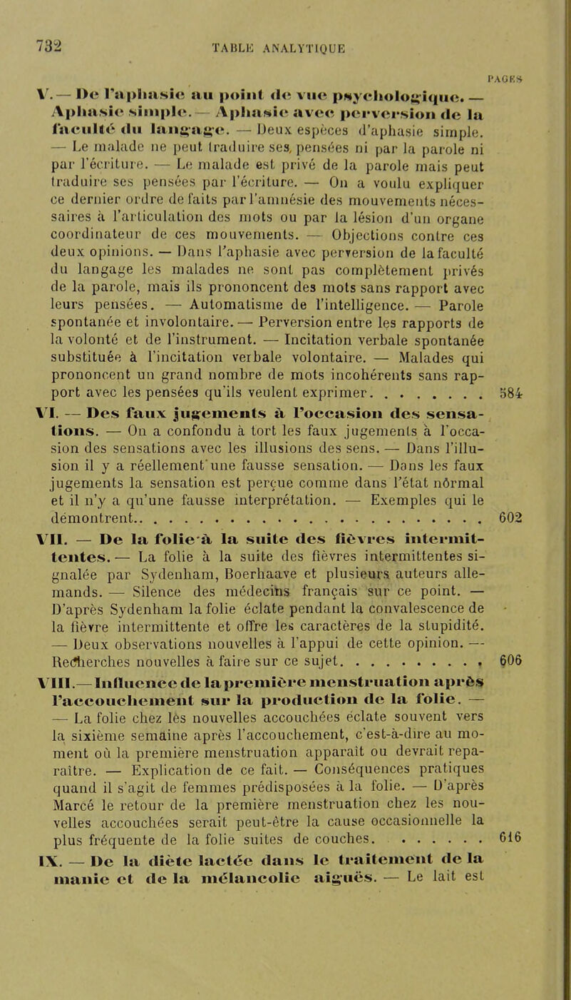 73-2 PAGK» V. — De Tapliasie au point de vue pMyclu>lo;>-i<|ue. Apliasie simple.— Aphasie avee perversion de la laeullé du lang-ag-e. — Deux espèces d'aphasie simple, — Le malade ne peut traduire ses, pensées ni par la parole ni par l'écriture. — Le malade est privé de la parole mais peut traduire ses pensées par l'écriture. — On a voulu expliquer ce dernier ordre défaits par l'amnésie des mouvements néces- saires à l'articulation des mots ou par la lésion d'un organe coordinateur de ces mouvements. — Objections contre ces deux opinions. — Dans l'aphasie avec perversion de la faculté du langage les malades ne sont pas complètement privés de la parole, mais ils prononcent des mots sans rapport avec leurs pensées, — Automatisme de l'intelligence. — Parole spontanée et involontaire,— Perversion entre les rapports de la volonté et de l'instrument, — Incitation verbale spontanée substituée à l'incitation verbale volontaire. — Malades qui prononcent un grand nombre de mots incohérents sans rap- port avec les pensées qu'ils veulent exprimer 584 VI. — Des faux jus^emeuts à l'occasion des sensa- tions. — On a confondu à tort les faux jugements à l'occa- sion des sensations avec les illusions des sens, — Dans l'illu- sion il y a réellement'une fausse sensation. — Dans les faux jugements la sensation est perçue comme dans l'état nôrmal et il n'y a qu'une fausse interprétation, — Exemples qui le démontrent 602 VII. — De la folie à la suite des fièvres intermit- tentes.— La folie à la suite des fièvres intermittentes si- gnalée par Sydenham, Boerhaave et plusieurs auteurs alle- mands. — Silence des médecins français sur ce point. — D'après Sydenham la folie éclate pendant la convalescence de la fièvre intermittente et offre les caractères de la stupidité, — Deux observations nouvelles à l'appui de cette opinion, — Redierches nouvelles à faire sur ce sujet , 606 V^III.—Inïluence de la première menstruation après^ l'accouchement sur la production de la folie. — — La folie chez lès nouvelles accouchées éclate souvent vers la sixième semaine après l'accouchement, c'est-à-dire au mo- ment où la première menstruation apparaît ou devrait repa- raître. — Explication de ce fait. — Conséquences pratiques quand il s'agit de femmes prédisposées à la folie. — D'après Marcé le retour de la première menstruation chez les nou- velles accouchées serait peut-être la cause occasionnelle la plus fréquente de la folie suites de couches. 616 IX, — De la diète lactée dans le traitement de la manie et de la mélancolie aiguës. — Le lait est