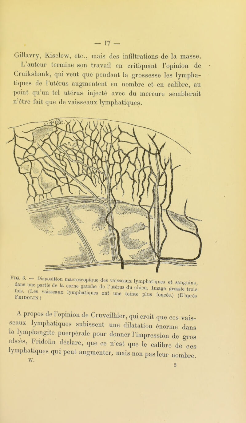 Gillavry, Kiselew, etc., mais des infiltrations de la masse. L'auteur termine son travail en critiquant l'opinion de - Cruikshank, qui veut que pendant la grossesse les lympha- tiques de l'utérus augmentent en nombre et en calibre, au point qu'un tel utérus injecté avec du mercure semblerait n'être fait que de vaisseaux lymphatiques. * dl!' ~ macroscopique des vaisseaux lymphatiques et sanguins dans une part.e de la corne gauche de l'utérus du chien. Image grossie ï ois fTidoLk.)' lymphatiques ont une teinte plus foncé:.) (Daprl A propos de l'opinion de Gruvcilhier, qui croit que ces vais- seaux lymphatiques subissent une dilatation énorme dans la lymphangite puerpérale pour donner l'impression de o-ros abcès, Fridolin déclare, que ce n'est que le calibre de^es lymphatiques qui peut augmenter, mais non pas leur nombre TA,-
