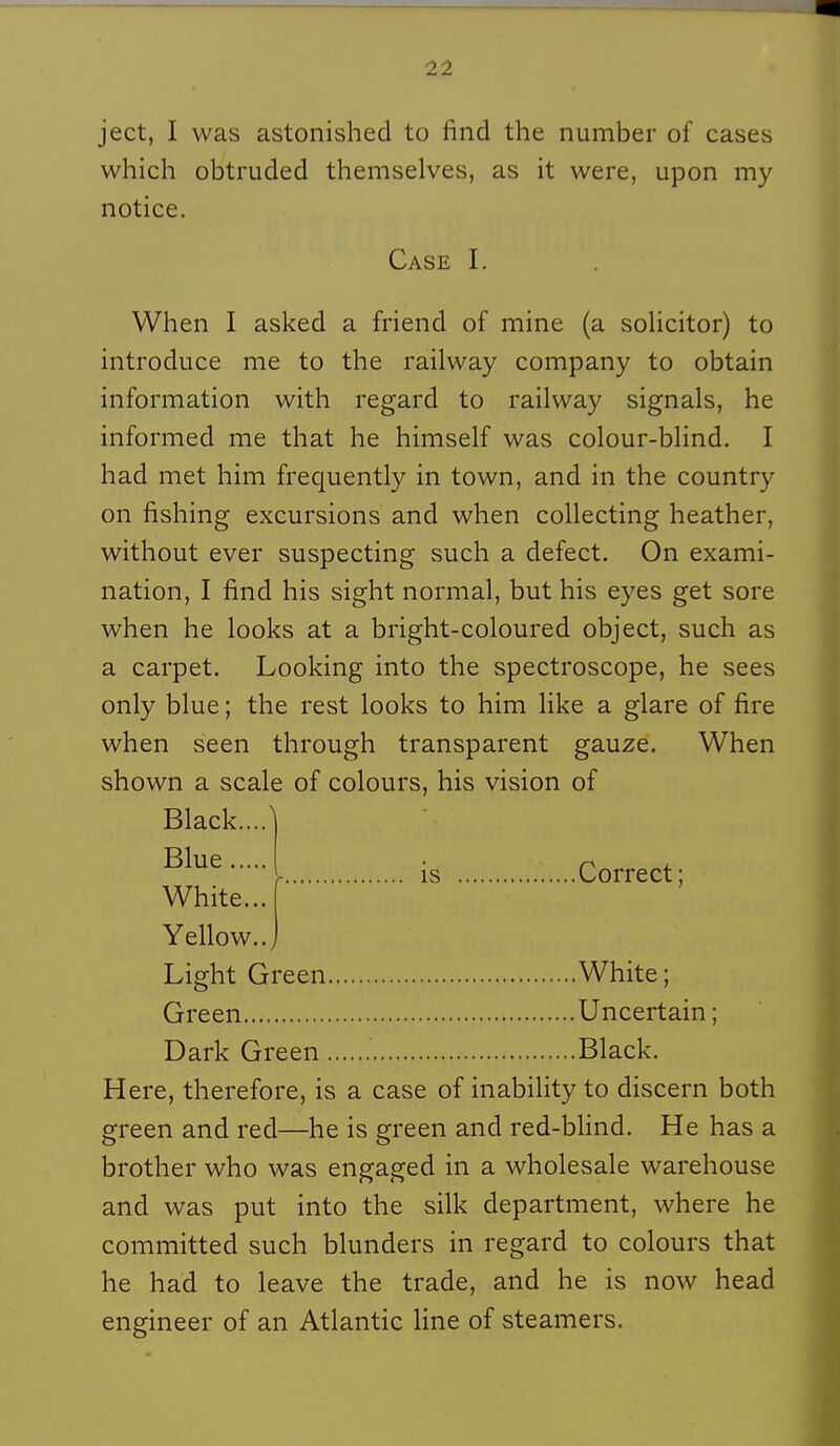 ject, I was astonished to find the number of cases which obtruded themselves, as it were, upon my notice. Case I. When I asked a friend of mine (a solicitor) to introduce me to the railway company to obtain information with regard to railway signais, he informed me that he himself was colour-blind. I had met him frequently in town, and in the country on fishing excursions and when collecting heather, without ever suspecting such a defect. On exami- nation, I find his sight normal, but his eyes get sore when he looks at a bright-coloured object, such as a carpet. Looking into the spectroscope, he sees only blue; the rest looks to him like a glare of fire when seen through transparent gauze. When shown a scale of colours, his vision of Black....l Blue White... Yellow.., Light Green White; Green Uncertain; Dark Green Black. Here, therefore, is a case of inability to discern both green and red—he is green and red-blind. He has a brother who was engaged in a wholesale warehouse and was put into the silk department, where he committed such blunders in regard to colours that he had to leave the trade, and he is now head engineer of an Atlantic line of steamers. is Correct;