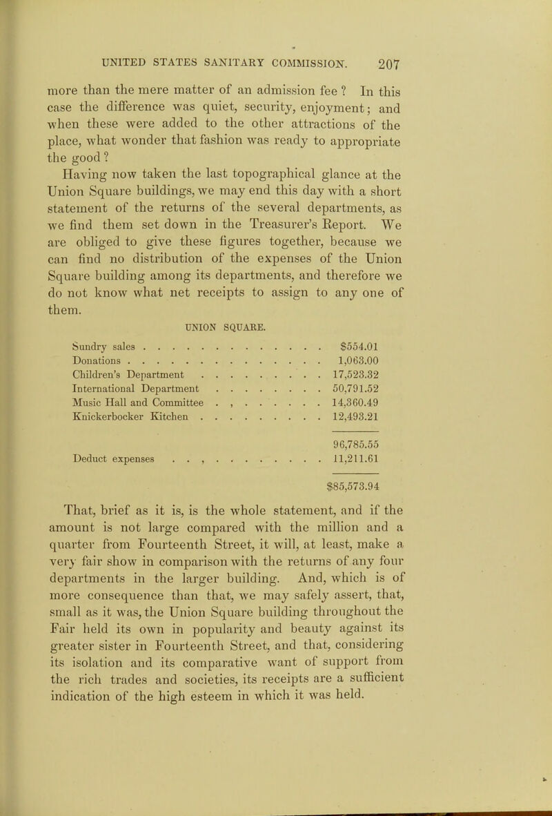 more than the mere matter of an admission fee ? In this case the difference was quiet, security, enjoyment; and when these were added to the other attractions of the place, what wonder that fashion was ready to appropriate the good ? Having now taken the last topographical glance at the Union Square buildings, we may end this day with a short statement of the returns of the several departments, as we find them set down in the Treasurer's Report. We are obliged to give these figures together, because we can find no distribution of the expenses of the Union Square building among its departments, and therefore we do not know what net receipts to assign to any one of them. UNION SQUAKE. Sundry sales $554.01 Donations 1,063.00 Children's Department . 17,523.32 International Department 50,791.52 Music Hall and Committee ........ 14,360.49 Knickerbocker Kitchen 12,493.21 96,785.55 Deduct expenses • • , 11,211.61 $85,573.94 That, brief as it is, is the whole statement, and if the amount is not large compared with the million and a quarter from Fourteenth Street, it will, at least, make a ver}' fair show in comparison with the returns of any four departments in the larger building. And, which is of more consequence than that, we may safely assert, that, small as it was, the Union Square building throughout the Fair held its own in popularity and beauty against its greater sister in Fourteenth Street, and that, considering its isolation and its comparative want of support from the rich trades and societies, its receipts are a sufficient indication of the high esteem in which it was held.