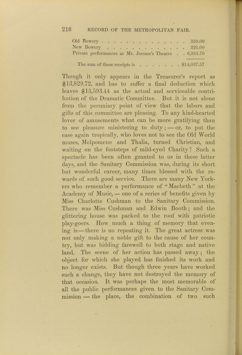 Old Bowery New Bowery 350.00 321.00 Private performances at Mr. Jerome's Theatre . . 6,365.70 Though it only appears in the Treasurer's report as $13,829.72, and has to suffer a final deduction which leaves $13,593.44 as the actual and serviceable contri- bution of the Dramatic Committee. But it is not alone from the pecuniary point of view that the labors and gifts of this committee are pleasing. To any kind-hearted lover of amusements what can be more gratifying than to see pleasure ministering to duty; — or, to put the case again tropically, who loves not to see the Old World muses, Melpomene and Thalia, turned Christian, and waiting on the footsteps of mild-eyed Charity? Such a spectacle has been often granted to us in these latter days, and the Sanitary Commission was, during its short but wonderful career, many times blessed with the re- wards of such good service. There are many New York- ers who remember a performance of  Macbeth  at the Academy of Music, — one of a series of benefits given by Miss Charlotte Cushman to the Sanitary Commission. There was Miss Cushman and Edwin Booth; and the glittering house was packed to the roof with patriotic play-goers. How much a thing of memory that even- ing is—there is no repeating it. The great actress was not only making a noble gift to the cause of her coun- try, but was bidding farewell to both stage and native land. The scene of her action has passed away ; the object for which she played has finished its work and no longer exists. But though three years have worked such a change, they have not destroyed the memory of that occasion. It was perhaps the most memorable of all the public performances given to the Sanitary Com- mission — the place, the combination of two such The sum of these receipts is $14,037.57