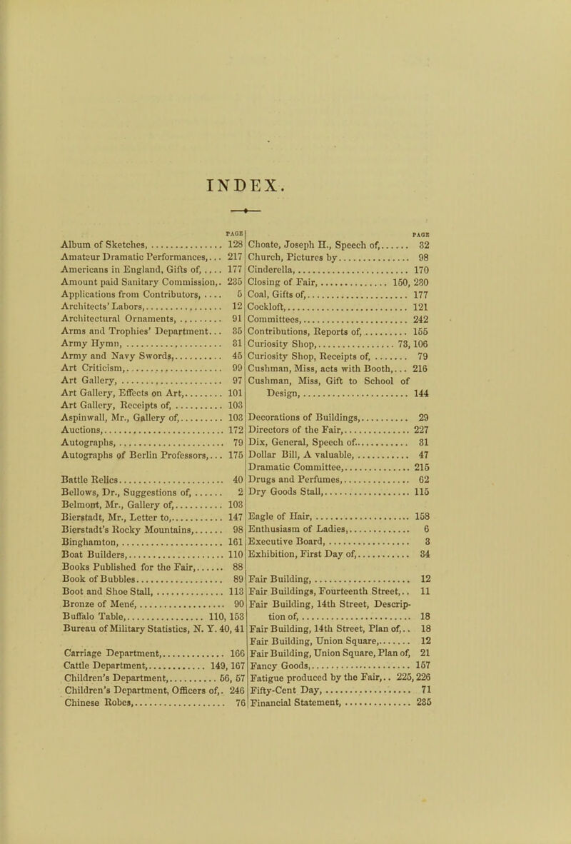 INDEX. ♦ PAGE Album of Sketches, 128 Amateur Dramatic Performances,... 217 Americans in England, Gifts of, 177 Amount paid Sanitary Commission,. 235 Applications from Contributors, .... 5 Architects' Labors, 12 Architectural Ornaments, 91 Arms and Trophies' Department... 35 Army Hymn, 81 Army and Navy Swords, 45 Art Criticism, 99 Art Gallery, 97 Art Gallery, Effects on Art, 101 Art Gallery, Receipts of, 103 Aspinwall, Mr., Gallery of, 103 Auctions, 172 Autographs, 79 Autographs of Berlin Professors,... 175 Battle Eelics 40 Bellows, Dr., Suggestions of, 2 Belmont, Mr., Gallery of, 103 Bierstadt, Mr., Letter to, 147 Bierstadt's llocky Mountains, 98 Binghamton, 161 Boat Builders, 110 Books Published for the Fair, 88 Book of Bubbles 89 Boot and Shoe Stall, 113 Bronze of Mene, 90 Buffalo Table, 110, 153 Bureau of Military Statistics, N. Y. 40, 41 Carriage Department, 166 Cattle Department, 149,167 Children's Department, 56, 57 Children's Department, Officers of,. 246 Chinese Kobes, 76 Choate, Joseph II., Speech of, 32 Church, Pictures by 98 Cinderella 170 Closing of Fair, 160, 2-30 Coal, Gifts of, 177 Cockloft, 121 Committees 242 Contributions, Reports of, 155 Curiosity Shop, 73,106 Curiosity Shop, Receipts of, 79 Cushman, Miss, acts with Booth,... 216 Cushman, Miss, Gift to School of Design, 144 Decorations of Buildings, 29 Directors of the Fair, 227 Dix, General, Speech of 31 Dollar Bill, A valuable, 47 Dramatic Committee, 215 Drugs and Perfumes, 62 Dry Goods Stall, 116 Eagle of Hair 158 Enthusiasm of Ladies 6 Executive Board, 8 Exhibition, First Day of, 34 Fair Building, 12 Fair Buildings, Fourteenth Street,.. 11 Fair Building, 14th Street, Descrip- tion of, 18 Fair Building, 14th Street, Plan of,.. 18 Fair Building, Union Square, 12 Fair Building, Union Square, Plan of, 21 Fancy Goods, 157 Fatigue produced by the Fair,.. 225,226 Fifty-Cent Day, 71 Financial Statement, 285