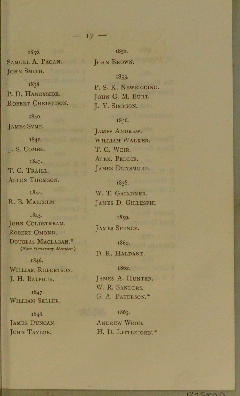 1836. Samuel A. Pagan. John Smith. 1838. P. D. Handyside. Robert Christison. 1840. James Syme. 1841. J. S. Combe. 1843- T. G. Traill. Allen Thomson. 1844. R. B. Malcolm. 1845. John Coldstream. Robert Omond. Douglas Maclagan.* (How Honorary Member.') 1846. William Robertson. J. H. Balfour. 1847- William Seller. 1848. James Duncan. John Taylor. 1852. John Brown. 1853. P. S. K. Newbigging. John G. M. Burt. J. Y. Simpson. 1856. James Andrew. William Walker. T. G. Weir. Alex. Peddie. James Dunsmure. 1858. WT. T. Gairdner. James D. Gillespie. 1859. James Spence. 1860. D. R. Haldane. 1862. James A. Hunter. W. R. Sanders. G. A. Paterson.* 1865. Andrew Wood. H. D. Littlejohn.*