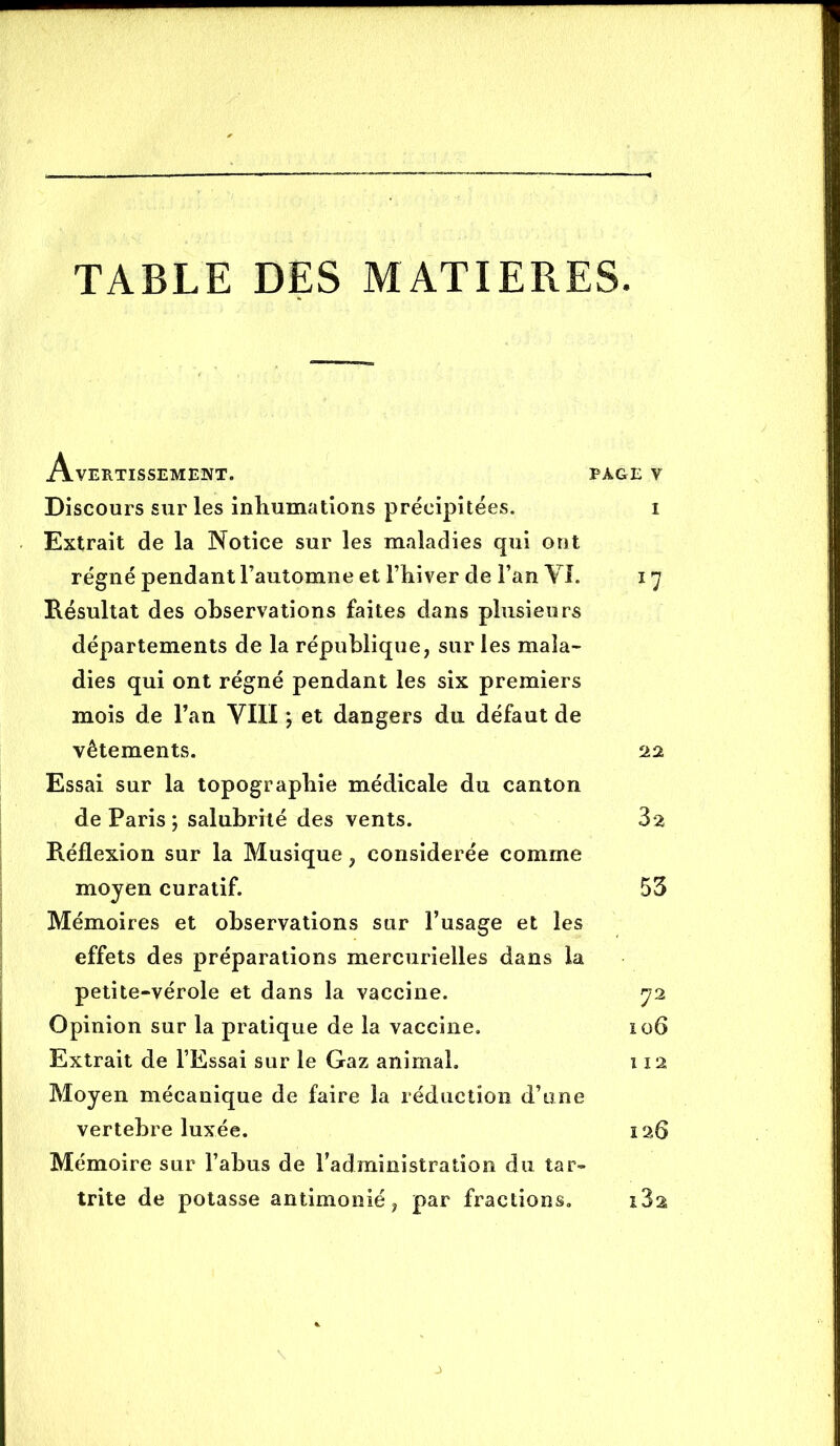 TABLE DES MATIERES. Avertissement. page v Discours sur les inliumations précipitées. i Extrait de la Notice sur les maladies qui ont régné pendant l’automne et Fhiver de l’an VI. 17 Résultat des observations faites dans plusieurs départements de la république, sur les mala- dies qui ont régné pendant les six premiers mois de l’an VIII j et dangers du défaut de vêtements. 22 Essai sur la topographie médicale du canton de Paris ; salubrité des vents. 32 Réflexion sur la Musique, considérée comme moyen curatif. 53 Mémoires et observations sur l’usage et les effets des préparations mercurielles dans la petite-vérole et dans la vaccine. 72 Opinion sur la pratique de la vaccine. 106 Extrait de l’Essai sur le Gaz animal, 112 Moyen mécanique de faire la réduction d’une vertebre luxée. 126 Mémoire sur l’abus de l’administration du tar- trite de potasse antimonié, par fractions. i32