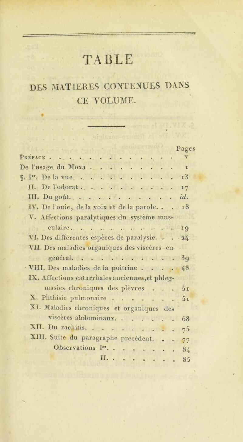 TABLE DES MATIERES CONTENUES DANS CE VOLUME. Pages Préface v De l’usage du Moxa i §. 1. De la vue i3 II. De l’odorat 17 III. Du goût id. IV. De l’ouie, de la voix et de la parole. . . 18 V. Affections paralytiques du système mus- culaire 19 VI. Des différentes espèces de paralysie. . . 24 VII. Des maladies organiques des viscères en général 39 VIII. Des maladies de la poitrine .... 48 IX. Affections catarrhales anciennes,et phleg- masies chroniques des plèvres . . . 5i X. Phthisie pulmonaire 5i XI. Maladies chroniques et organiques des viscères abdominaux 68 XII. Du rachitis r-K • • • • 1 J XIII. Suite du paragraphe précédent. . . 77 Observations lr* «/- ”4 U \