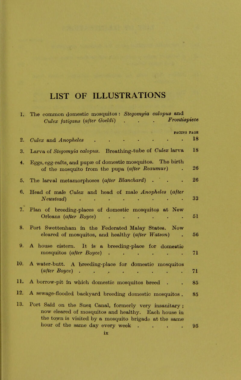 LIST OF ILLUSTRATIONS 1. The common domestic mosquitos : Stegomyia calopus and Culex fatigans {after Qoddi) . . . Frontispiece FACING FAQS 2. Culex and Anopheles . . • • • • .18 3. Larva of Stegomyia calopus. Breathing-tube of Culex larva 18 4. Eggs, egg-rafts, and pupse of domestic mosquitos. The birth of the mosquito from the pupa {after Reaumur) . 26 6. The larval metamorphoses {after Blanchard) . ' . .26 6. Head of male Culex and head of male Anopheles {after Newstead) ........ 33 7. Plan of breeding-places of domestic mosquito^ at New Orleans {after Boyce) . . . . . .61 8. Port Swettenham in the Federated Malay States. Now cleared of mosquitos, and healthy {after Watson) . 56 9. A house cistern. It is a breeding-place for domestic mosquitos {after Boyce) . . . . . .71 10. A water-butt. A breeding-place for domestic mosquitos {after Boyce) . . 71 11. A borrow-pit in which domestic mosquitos breed . . 86 12. A sewage-flooded backyard breeding domestic mosquitos . 85 13. Port Said on the Sue;? Canal, formerly very insanitary ; now cleared of mosquitos and healthy. Each house in the town is visited by a mosquito brigade at the same hour of the same day every week .... 95