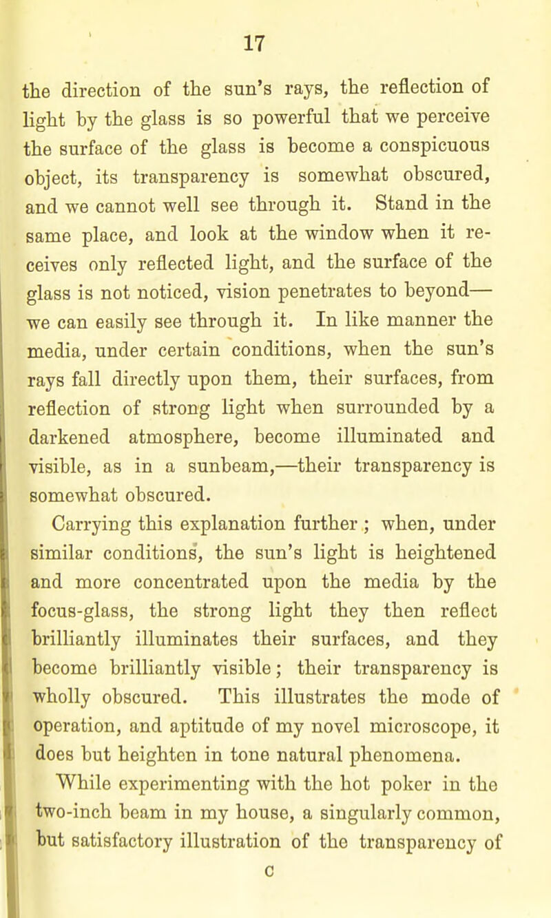 the direction of the sun's rays, the reflection of light by the glass is so powerful that we perceive the surface of the glass is become a conspicuous object, its transparency is somewhat obscured, and we cannot well see through it. Stand in the same place, and look at the window when it re- ceives only reflected light, and the surface of the glass is not noticed, vision penetrates to beyond— we can easily see through it. In like manner the media, under certain conditions, when the sun's rays fall directly upon them, their surfaces, from reflection of strong light when surrounded by a darkened atmosphere, become illuminated and visible, as in a sunbeam,—their transparency is somewhat obscured. Carrying this explanation further ; when, under similar conditions, the sun's light is heightened and more concentrated upon the media by the focus-glass, the strong light they then reflect brilliantly illuminates their surfaces, and they become brilliantly visible; their transparency is wholly obscured. This illustrates the mode of operation, and aptitude of my novel microscope, it does but heighten in tone natural phenomena. While experimenting with the hot poker in the two-inch beam in my house, a singularly common, but satisfactory illustration of the transparency of c