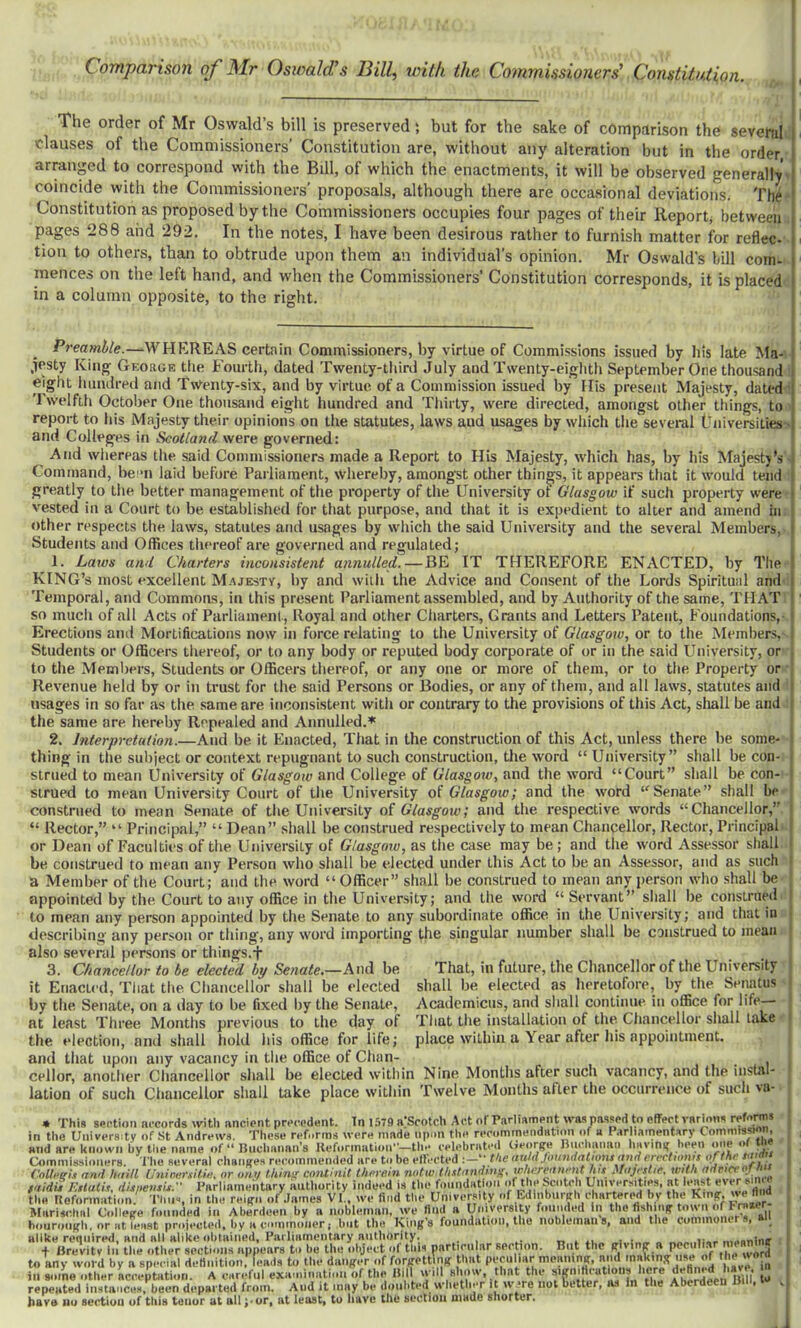 Comparison of Mr Oswald’s Bill, with the Commissioners’ Constitution. C/- The order of Mr Oswald’s bill is preserved; but for the sake of comparison the several 1 clauses of the Commissioners’ Constitution are, without any alteration but in the order ■ arranpd to correspond with the Bill, of which the enactments, it will be observed generally, coincide with the Commissioners’ proposals, although there are occasional deviations^ Th^» Constitution as proposed by the Commissioners occupies four pages of their Report, between ; pages 288 and 292. In the notes, I have been desirous rather to furnish matter for reflec- - tion to others, than to obtrude upon them an individual’s opinion. Mr Oswald’s bill com-. inences on the left hand, and when the Commissioners’ Constitution corresponds, it isplaced'* in a column opposite, to the right. Prea»ii/e.-^WHEREAS certain Commissioners, by virtue of Commissions issued by his late Ma- ,iesty King George the Fourth, dated Twenty-third July and Twenty-eiglith September One thousand : eight hundred and Twenty-six, and by virtue of a Commission issued by His present Majesty, dated ^ Twelfth October One thousand eight hundred and Thirty, were directed, amongst other things, to report to his Majesty their opinions on the statutes, laws and usages by wliich the several Universities' ami Colleges in Scotland were governed: And whereas the said Commissioners made a Report to His Majesty, which has, by his Majesty’s > Command, been laid before Parliament, Whereby, amongst other things, it appears that it would tend greatly to the better management of the property of the University ot Glasgow if such property were- vested in a Court to be established for that purpose, and that it is expedient to alter and amend in: «)ther respects the laws, statutes and usages by which the said University and the several Members, Students and Offices tliereof are governed and regulated; 1. Laws and Charters inconsistent annulled.—BE IT THEREFORE ENACTED, by The king’s most excellent Majestv, by and with the Advice and Consent of tile Lords Spiritual and ■ Temporal, and Commons, in this present Parliament assembled, and by Authority of the same, THAT so much of all Acts of Parliament, Royal and other Cliarters, Grants and Letters Patent, Foundations,- Erections and Mortifications now in force relating to the University of Glasgow, or to the Members. Students or Officers thereof, or to any body or reputed body corporate of or in the said University, or to the Members, Students or Officers tliereof, or any one or more of them, or to tlie Property or • Revenue held by or in trust for the said Persons or Bodies, or any of them, and all laws, statutes and i usages in so far as the same are inconsistent with or contrary to the provisions of this Act, shall be and : the same are. hereby Repealed and Annulled.* 2. Interpretation.—And be it Enacted, That in the construction of this Act, unless there be some- thing in the subject or context repugnant to such construction, the word “University” shall be con- strued to mean University of Glasgow and College of Glasgow, and the word “Court” shall be con- strued to mean University Court of the University of Glasgow; and the word “Senate” shall be* construed to mean Senate of the University of Glasgow; and the respective words “Chancellor,” “ Rector,” “ Principal,” “ Dean” shall be construed respectively to mean Chancellor, Rector, Principal' or Dean of Faculties of the University of Glasgoto, as the case may be; and tlie word Assessor shall be construed to mean any Person who shall be elected under this Act to be an Assessor, and as such a Member of the Court; and the word “Officer” shall be construed to mean any person who shall be appointed by the Court to any office in the University; and the word “ Servant” shall be construedi to mean any person appointed by the Senate to any subordinate office in the University; and that in; describing any person or thing, any word importing the singular number shall be construed to mean also several persons or things.f 3. Chancellor to be elected by Senate.—kndL be That, in future, the Chancellor of the University it Enacted, That the Chancellor shall be elected shall be elected as heretofore, by the Senatus - by the Senate, on a day to be fixed by the Senate, Academicus, and shall continue in office for life— at least Three Months previous to the day of That the installation of the. Chancellor shall take - the election, and shall hold his office for life; place within a Year after his appointment. and that upon any vacancy in the office of Chan- . , . i cellor, another Chancellor shall be elected within Nine Months after such vacancy, and the instal- lation of such Chancellor shall take place within Twelve Months after the occurrence of such >a- ■ • Thin section accords with ancient precedent. In 1579 a‘Scotch Act of Parliament was pa.ssed to effect variotis vefo^* in the University of St Andrews. These reforms were made upon the recommendation of a Parliamentary Commissi n, and are known by the name of “ Buchanan’s Keformation-the celebrated t;eorg;e Buclmnaa hyinif been one of the Commissioners. The several changes recommended are to be eftected :— ttw tiujd Jotmdalwmand erecfioms oftM ^ . ('ollrgin and haill Unirersit.it!, or ony tliini' cnntinit therein notw thstandmg, whereitnenthis Mnjrslie. with admci' ,<iidu Eitatis, dhoensis. Parliameiitary iiuthority indeed is the fm.ndaUon of the Scotch Universities, at 'vast ever sm « the Itcformation. rims, in the reign of James VI., we find the Universi y of Edinburgh chartered by the King. Marischul College founded in Aberdeen by a nobleman, we find a yinversity founded In the fishing town of traier bourough.oratleast projected, by a commoner j but the King’s foundation, the noblemans, and the commoners, an alike required, and all alike obtained. Parliamentary authority. t, » menniiig ; + Brevity In the other sections appears to be the object of this particular section. But the to any word by a special definition, iiiads to the danger of forgettW that peculiar meaning, ^ n in some other acceptation. A careful examination of the Bill will show, hat the ^herdecn B1 I 1 repcHted iri3tanCi!H. been depai’tod from. Aud it may be doubted wlietlijT it w.»re not btUer, lU in the Aberdeen 15 , have no section of this tenor at all;'or, at leasts to have the secllou made shorter.