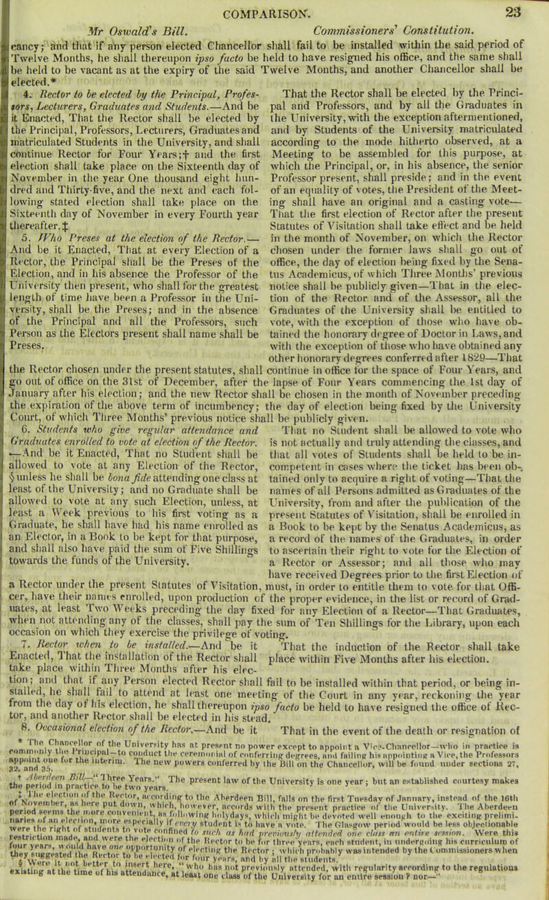 Mr Osxvald's Bill. Commissioners' Constilution. cancy; and that if any person elected Chancellor shall fail to be installed within the said period of Twelve Months, he shall thereupon ipso facto be held to have resigned his office, and the same shall be held to be vacant as at the expiry of the said Twelve Months, and another Chancellor shall be elected.* 4. Rector to be elected by the Principal, Profes- sors, Lecturers, Graduates and Shcde7its.—And be it Enacted, That the Rector shall be elected by the Principal, Professors, Lecturers, Graduates and matriculated Students in the University, and shall continue Rector for Four Years ;f and the first election shall take place on the Sixteenth day of November in the year One thousand eight hun- dred and Thirty-five, and the next and each fol- lowing stated election shall take place on the Sixteenth day of November in eveiy Fourth year thereafter.^ 5. IPho Preses at the electmi of the Rector.— And be it Enacted, That at every Election of a Rector, the Principal shall be the Preses of the Election, and in his absence the Professor of the University then present, who shall for the greatest length of time have been a Professor in the Uni- versity, shall be the Preses; and in the absence of the Principal and all the Professors, such Person as the Electors present shall name shall be Preses. That the Rector shall be elected by the Princi- pal and Professors, and by all the Graduates in the University, with the exception aftermentioned, and by Students of the University matriculated according to the mode hitherto observed, at a Meeting to be assembled for this purpose, at which the Principal, or, in his absence, the senior Professor present, shall preside; and in the event of an equality of votes, the President of the Meet- ing shall have an original and a casting vote— That the first election of Rector after the present Statutes of A^isitation shall take efl’ect and be held in the month of November, on whicli the Rector chosen under the former laws shall go out of office, the day of election being fixed by the Sena- tus Academicus, »)f which Three Months’ previous notice shall be publicly given—That in the elec- tion of the Rector and of the Assessor, all the Graduates of the University shall be entitled to vote, with the exception of those who have ob- tained the honorai7 degree of Doctor in Laws, and with the exception of those who have obtained any other honorary degrees conferred after 1829—That the Rector chosen under the present statutes, shall continue in office for the space of Four A'ears, and So out of office on the 31st of December, after the lapse of Four Years commencing the 1st day of anuary after his election; and the new Rector shall be chosen in the month of November preceding the expiration of the above term of incumbency; the day of election being fixed by the University Court, of which Three Months’ previous notice shall be publicly given. 6. Students who give regjilar attendance and That no Student shall be allowed to vote who Graduates enrolled to vote at election of the Rector, is not actually and truly attending the classes, and And be it Enacted, That no Student shall be allowed to vote at any Election of the Rector, unless he shall be bo7iaattending one class at least of the University; and no Graduate shall be allowed to vote at any such Election, unless, at least a Week previous to his firet voting as a Graduate, he shall have had his name enrolled as an Elector, in a Book to be kept for that purpose, and shall also have paid the sum of Five Shillings towards the funds of the University. that all votes of Students shall be held to be in- competent in cases where the ticket has been ob- tained only to acquire a right of voting—That the names of all Persons admitted asGratiuates of the Univeraity, from and after the publication of the present Statutes of Visitation, shall be enrolled in a Book to be kept by the Senatus Acadejnicus, as a record of the names of the Grad\iates, in order to ascertain their right to vote for the Election of a Rector or Assessor; and all those who may have received Degrees prior to the first Election of a Rector under the present Statutes of A’isitation, must, in order to entitle them to vote for that Offi- cer, have their names enrolled, upon production of the proper evidence, in the list or record of Grad- uates, at least 'Iwo AA’eeks preceding the day fixed for any Election of a Rector—That (Graduates, when not attending any of the classes, shall pay the sum of Ten Shillings for the Library, upon each occasion on which they exercise the privilege of voting. 7. Jtectoi' whe7i to be installed.—And be it That the induction of the Rector shall take Enacted, That the installation of the Rector shall place within Five Months after his election, take place within Three Months after his elec- tion; and that if any Person elected Rector shall fail to be installed within that period, or being in- stalled, he shall fail to attend at least one meeting of the Court in any year, reckoning the year from the day ot his election, he shall thereupon ipso facto be held to have resigned the office of Bec- tor, and another Rector shall be elected in his stead. 8. Occasional election of the Rector.—And be it That in the event of the death or resignation of „ * J’t'e Chancellor of the University has at present no power except to appoint a Vice-Chancellor—who in practice is ^ f' P***!*P'* . rnndnct the cereimmial of conferring degrees, ami failing his appointini' a Vice, the Professors 3i(^and 3ft ^ interim. Ihe new powers conferred by the Bill on the Chancellor, will be found under sections 27, thl ^HodTirpfac^^^ University is one year; but an established courtesy makes ‘“■‘•'■‘iinfi: to the Aberdeen Bill, falls on the lirst Tuesday of January, instead of the I6tli rw.rloato.,m^’thu ''•'irh, however, accords with the present practice of the Univer.sity. The Aberdeen nari». 'Vinvi'tniglit be devoted well enoufih to the exciting preliini. woru'th.. C f ®''P*‘^‘»’iy 'P>'”ciy student is to have a vote. I he Glasgow period would he less objectionable restriction ‘■'’.fined to such as had previously attended one class an e-n/ire session. Were this ' **■•..'* were the election of the Hector to be for three years, each student, in undergoing his rurriculuro of Rector ; which probably was intended by the Commissioners when and by all the students. evintinu-Dt ti.c not previously attended, with regularity according to the regulations existing at the time of his attendance, at least one class of the University for an entire session ? nor-'' restriction made, and were the election of the Rector ti four years, would have one opportunity of electing the they suggested the Rector to be elected for four ears § \\ere it not better to insert here, “who has not
