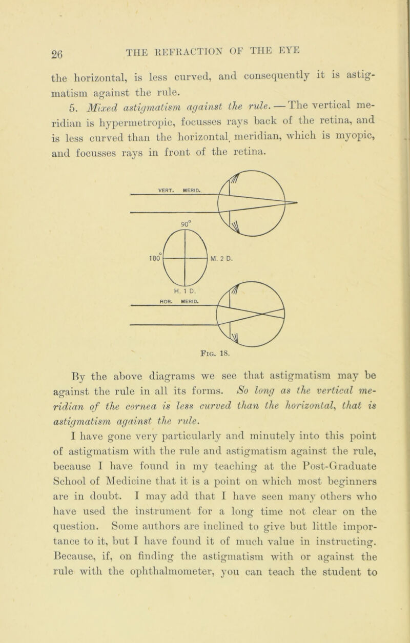 the horizontal, is less curved, and consequently it is astig- matism against the rule. 5. Mixed astigmatism against the rule.—The vertical me- ridian is hypermetropic, focusses rays back of the retina, and is less curved than the horizontal, meridian, which is myopic, and focusses rays in front of the retina. By the above diagrams we see that astigmatism may be against the rule in all its forms. So long as the vertical me- ridian of the cornea is less curved than the horizontal, that is astigmatism against the rule. 1 have gone very particularly and minutely into this point of astigmatism with the rule and astigmatism against the rule, because I have found in my teaching at the Post-Graduate School of Medicine that it is a point on which most beginners are in doubt. I may add that 1 have seen many others who have used the instrument for a long time not clear on the question. Some authors are inclined to give but little impor- tance to it, but 1 have found it of much value in instructing. Because, if, on finding the astigmatism with or against the rule with the ophthalmometer, you can teach the student to