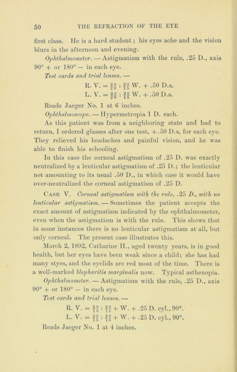 first class. He is a hard student; his eyes ache and the vision blurs in the afternoon and evening. Ophthalmometer.—Astigmatism with the rule, .25 D., axis 90° + or 180° — in each eye. Test cards and trial lenses. — Reads Jaeger No. 1 at 6 inches. Ophthalmoscope. — Hypermetropia 1 D. each. As this patient was from a neighboring state and had to return, I ordered glasses after one test, +.50 D.s, for each eye. They relieved his headaches and painful vision, and he was able to finish his schooling. In this case the corneal astigmatism of .25 D. was exactly neutralized by a lenticular astigmatism of .25 D.; the lenticular not amounting to its usual .50 I)., in which case it would have over-neutralized the corneal astigmatism of .25 D. Case Y. Corneal astigmatism with the rule, .25 7)., with no lenticular astigmatism. — Sometimes the patient accepts the exact amount of astigmatism indicated by the ophthalmometer, even when the astigmatism is with the rule. This shows that in some instances there is no lenticular astigmatism at all, but only corneal. The present case illustrates this. March 2, 1892, Catharine II., aged twenty years, is in good health, but her eyes have been weak since a child; she has had many styes, and the eyelids are red most of the time. There is a well-marked blepharitis marginalis now. Typical asthenopia. Ophthalmometer. — Astigmatism with the rule, .25 1)., axis 90° + or 180° — in each eye. Test cards and trial lenses. — lo W. + .50 D.s. |f W. + .50 D.s.